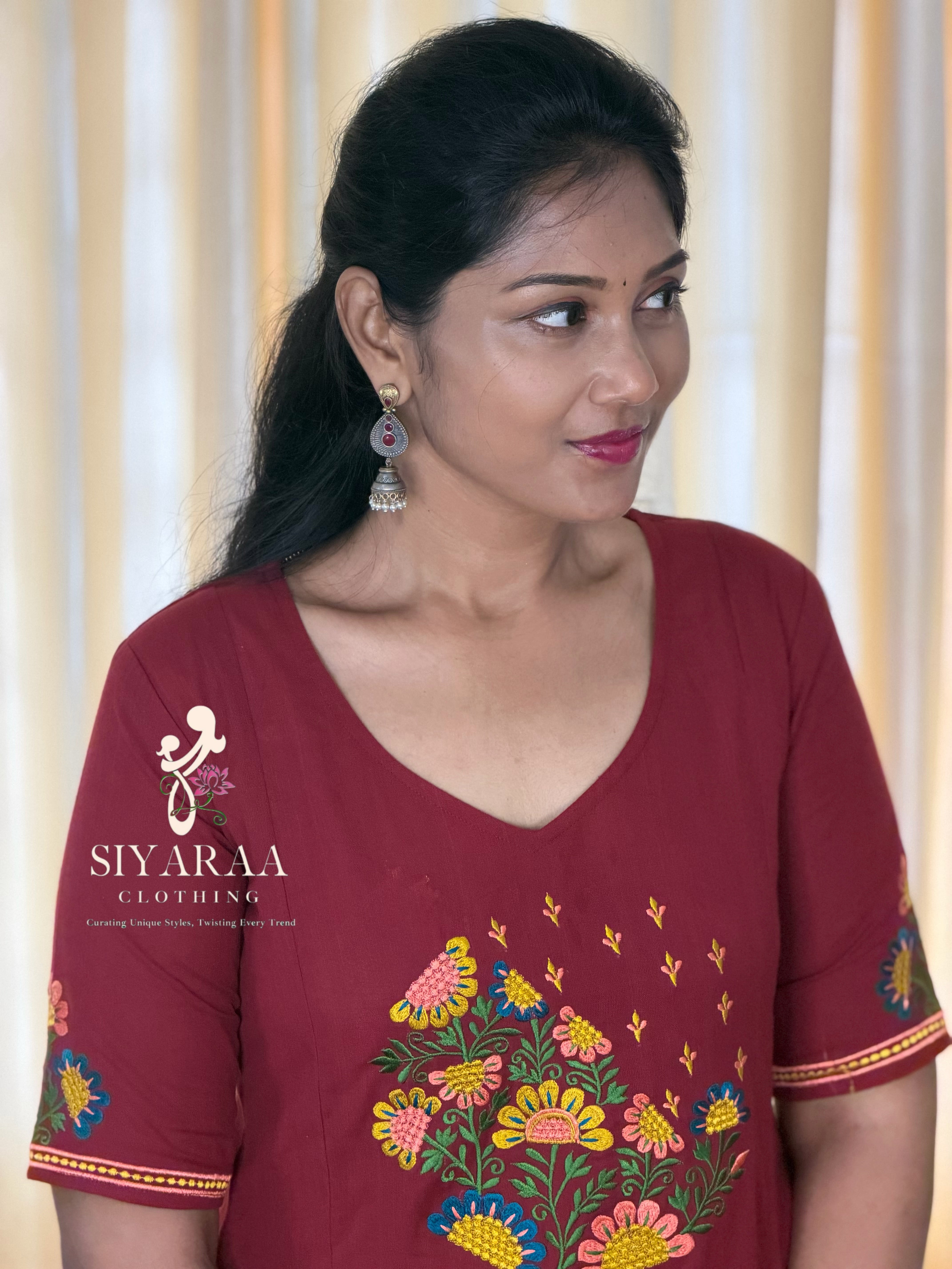 SIYA137 Maroon| Zivara A-line Cotton Co-Ord Set (Top and Pant)