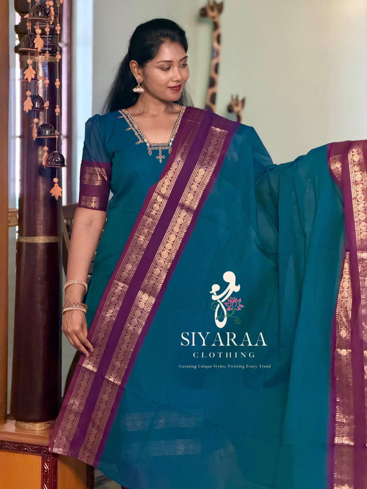 SIYA145 Blue | Varnika Chettinad Cotton Kurti with Dupatta (2-Piece)
