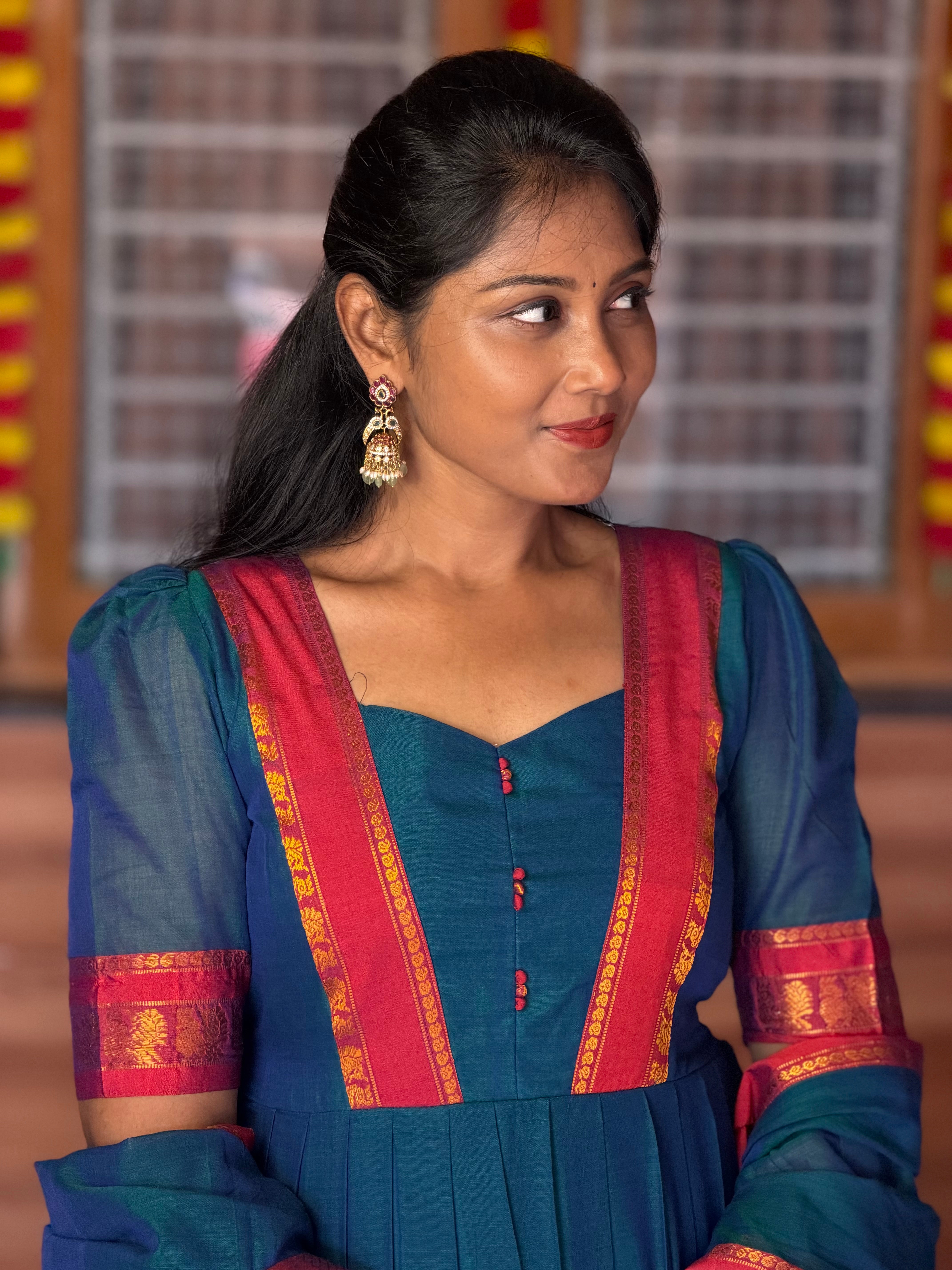 SIYA130 Blue | Ruhika Handloom Cotton Pleated Maxi
