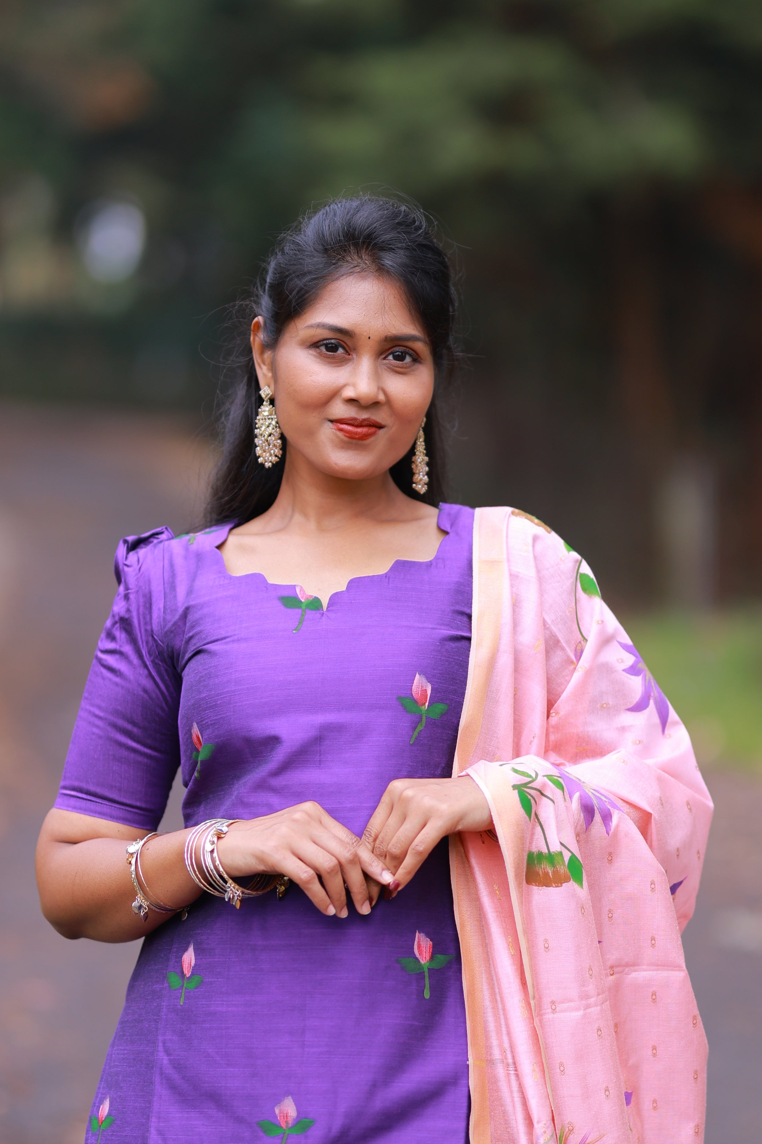 SIYA105 Lavender | Varnika Handpainted Raw Silk 3-Piece Kurta Set