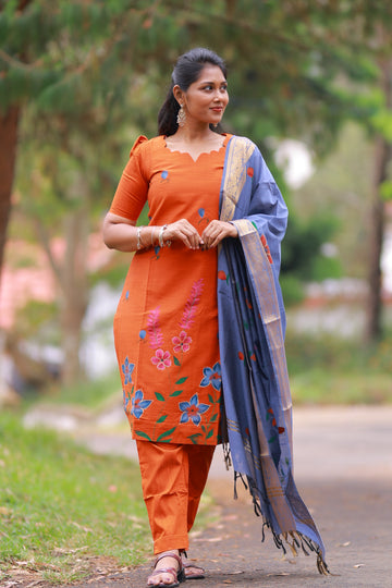 SIYA105 Orange| Varnika Handpainted Raw Silk 3-Piece Kurta Set
