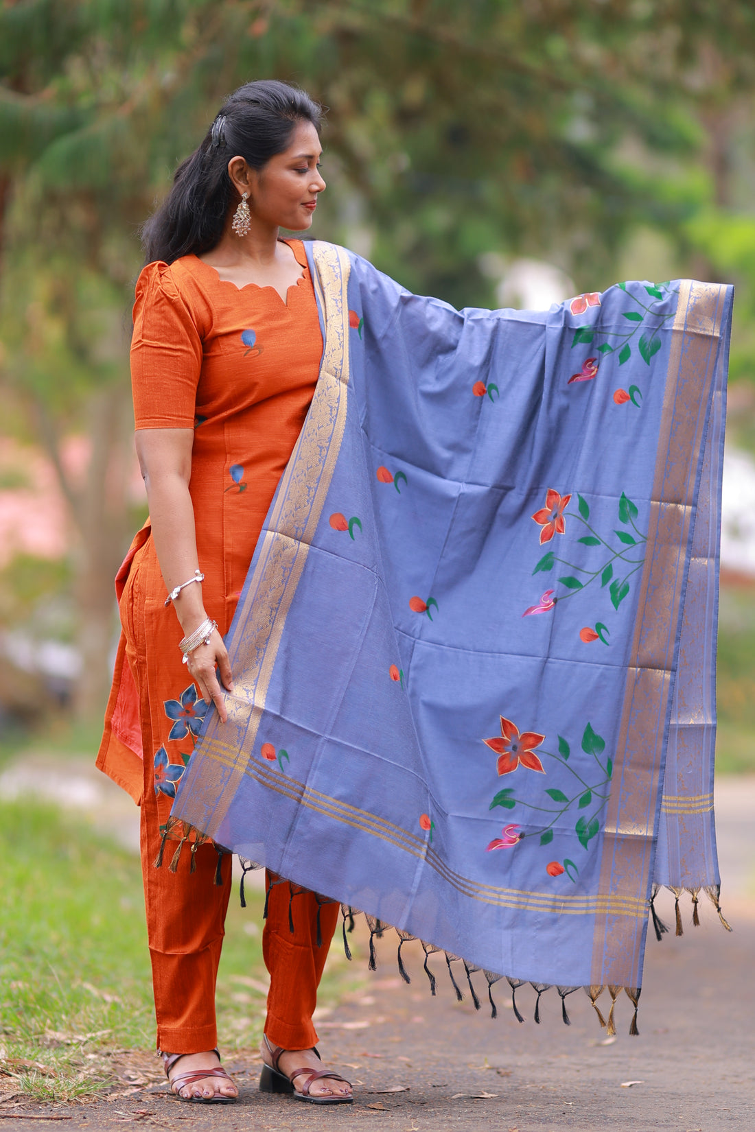 SIYA105 Orange| Varnika Handpainted Raw Silk 3-Piece Kurta Set