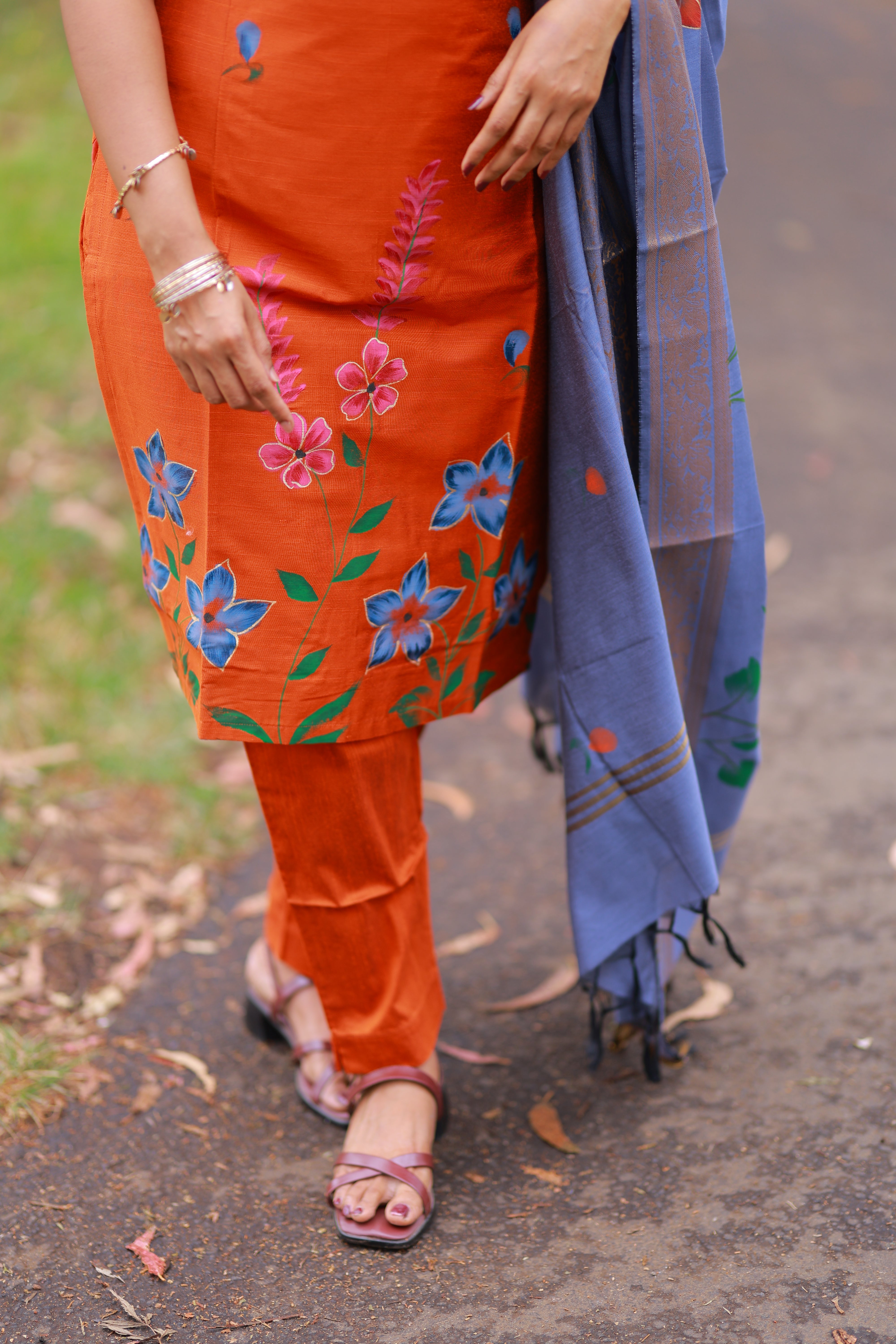 SIYA105 Orange| Varnika Handpainted Raw Silk 3-Piece Kurta Set
