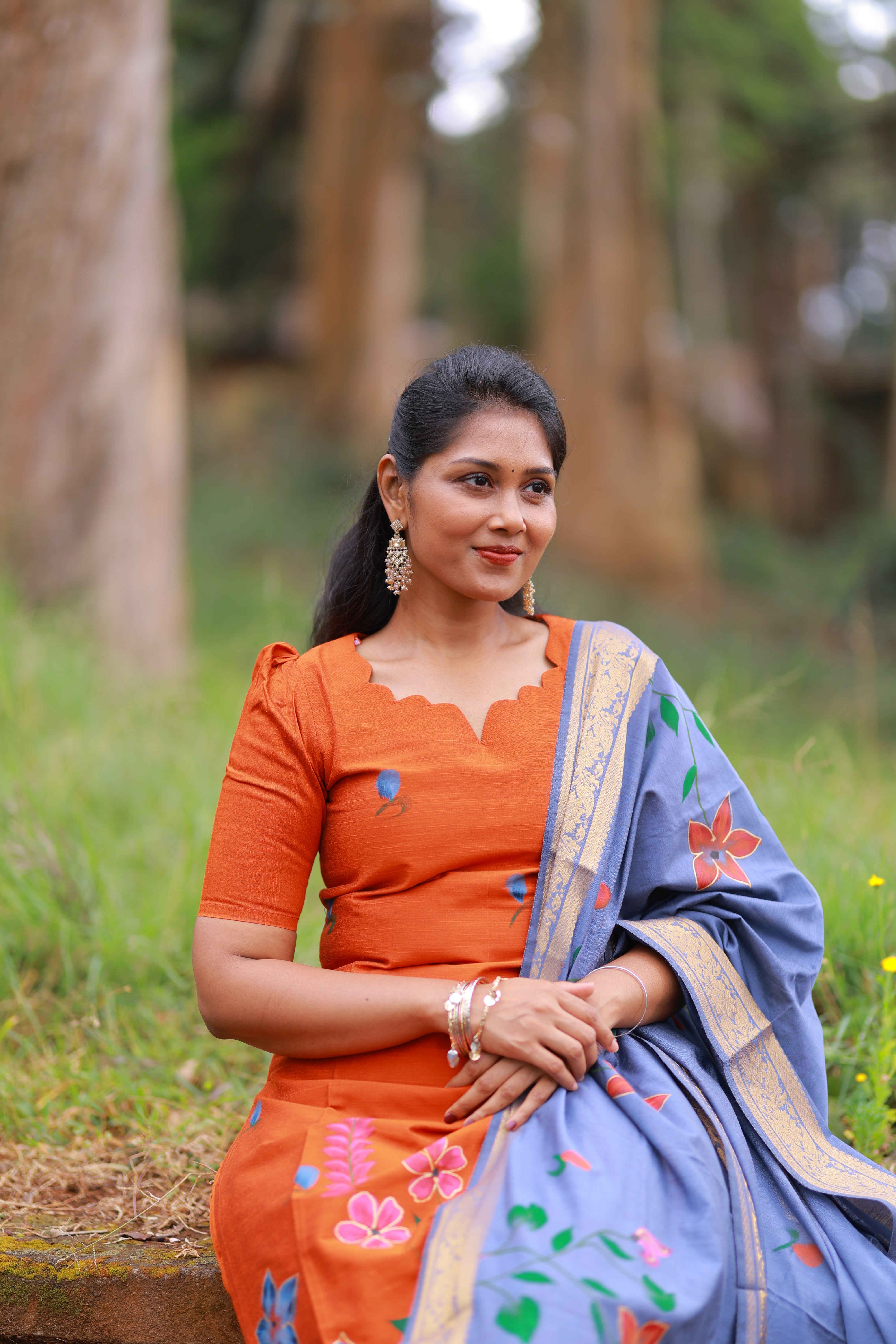 SIYA105 Orange| Varnika Handpainted Raw Silk 3-Piece Kurta Set