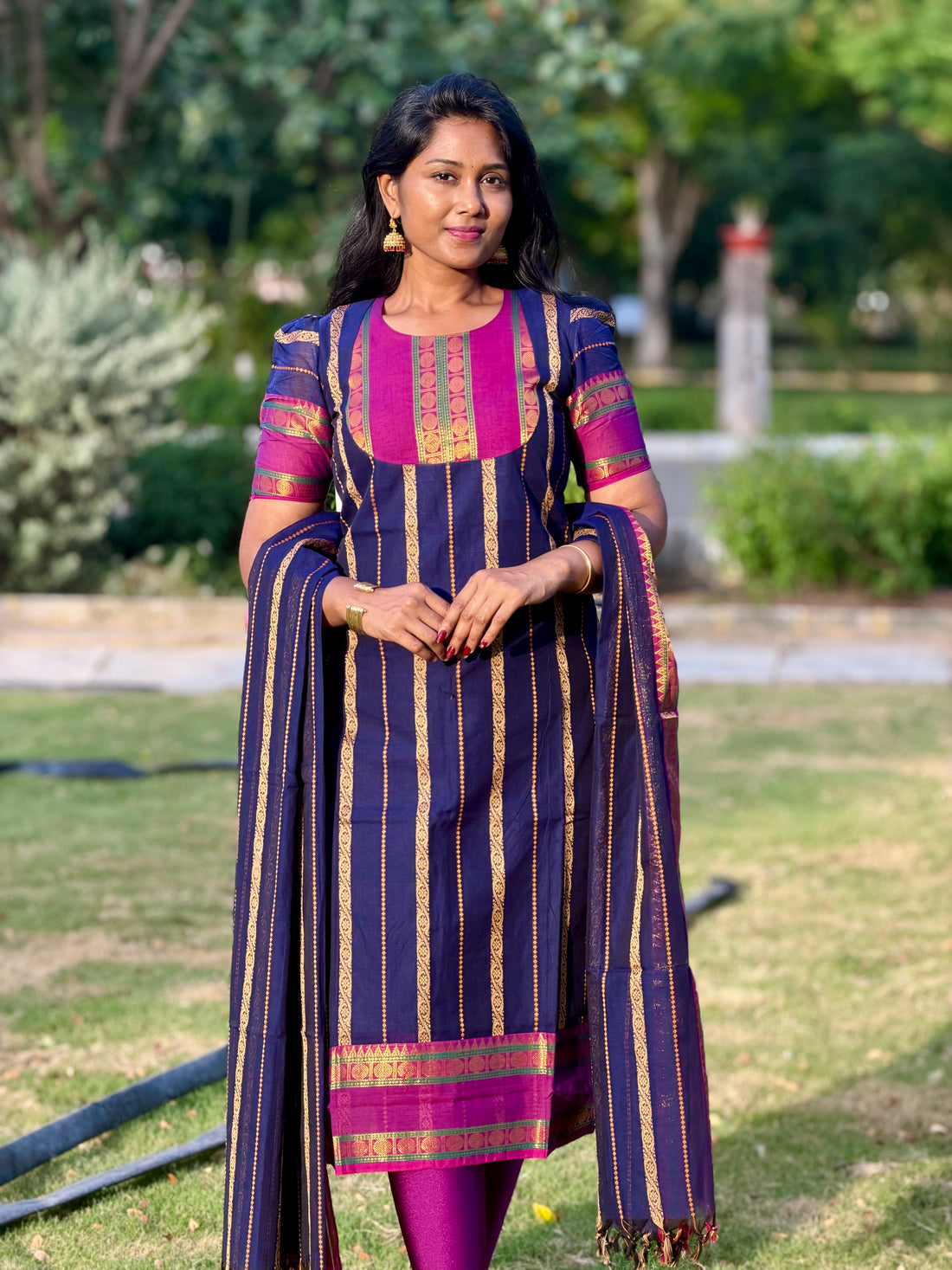 SIYA143 Blue | Veldhari Chettinad Cotton Kurti with Dupatta (2-Piece)