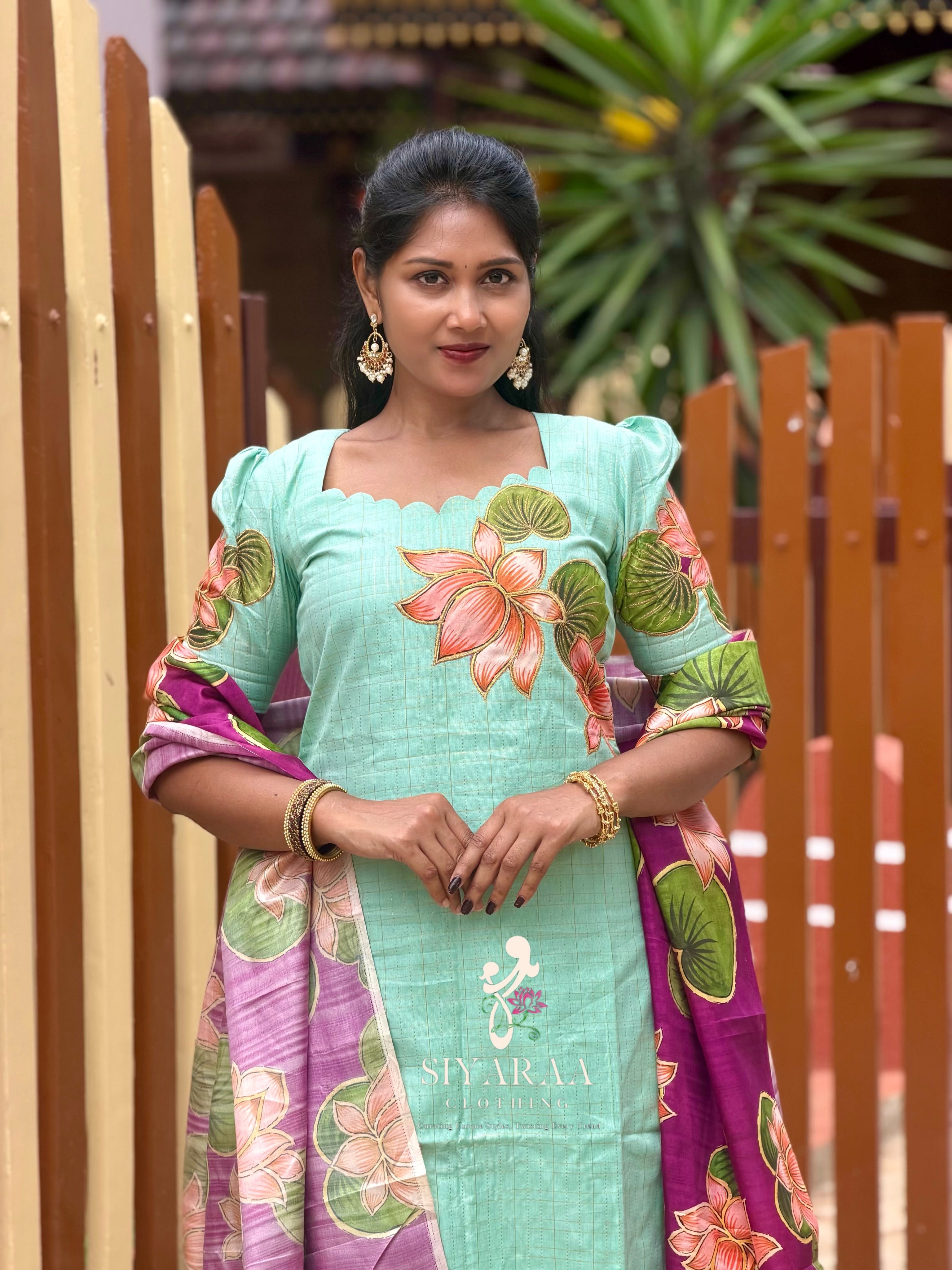 SIYA146 AquaBlue | Riyanshi Raw Silk Kurta Set with aplique embroidery(3-Piece)