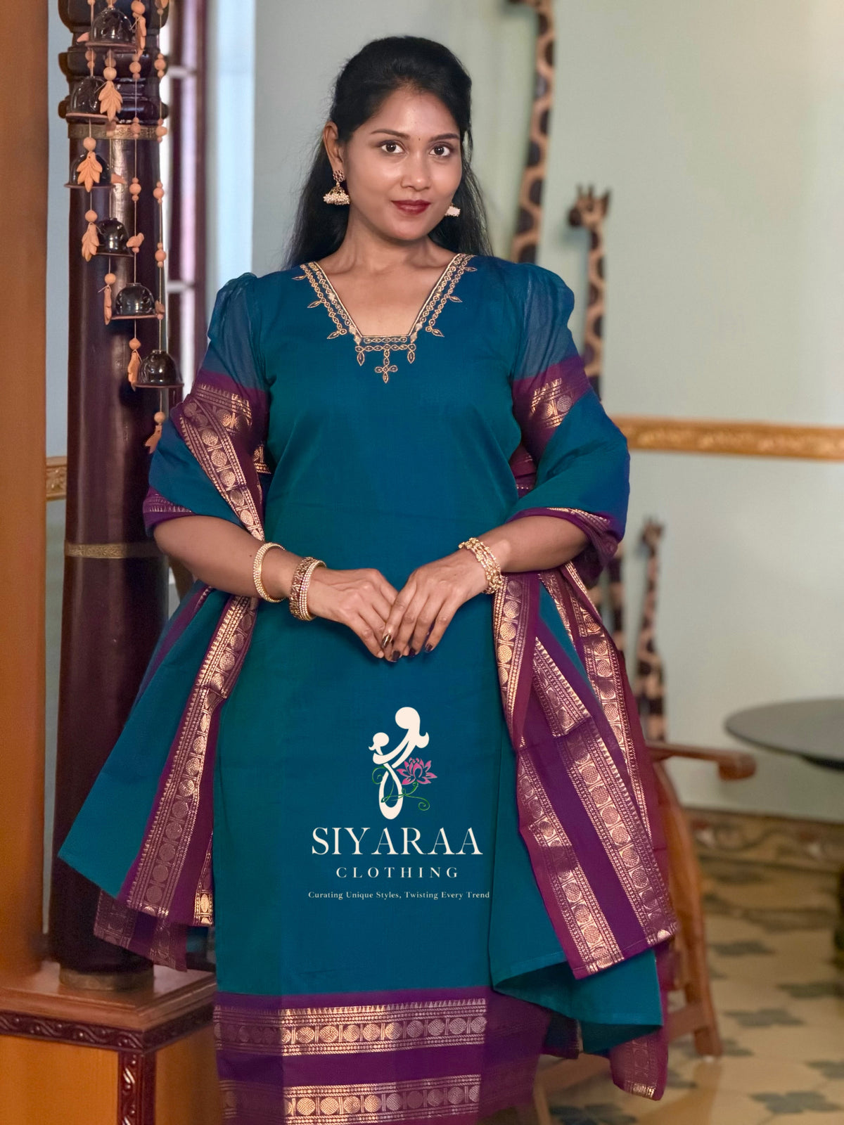 SIYA145 Blue | Varnika Chettinad Cotton Kurti with Dupatta (2-Piece)