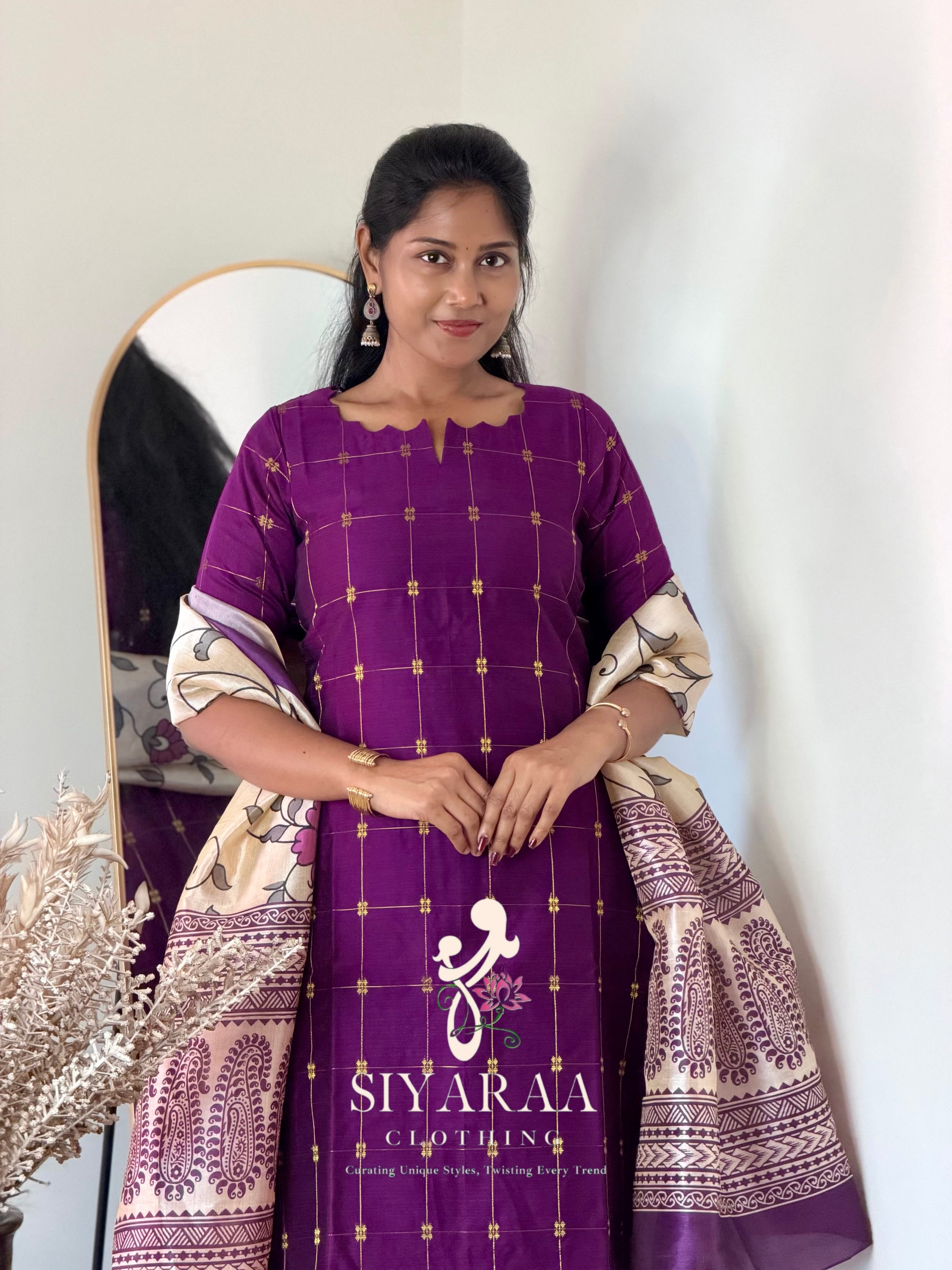 SIYA141 Wine | Riyanshi Raw Silk Kurta Set with Digital Print Tussar Silk Dupatta (3-Piece)