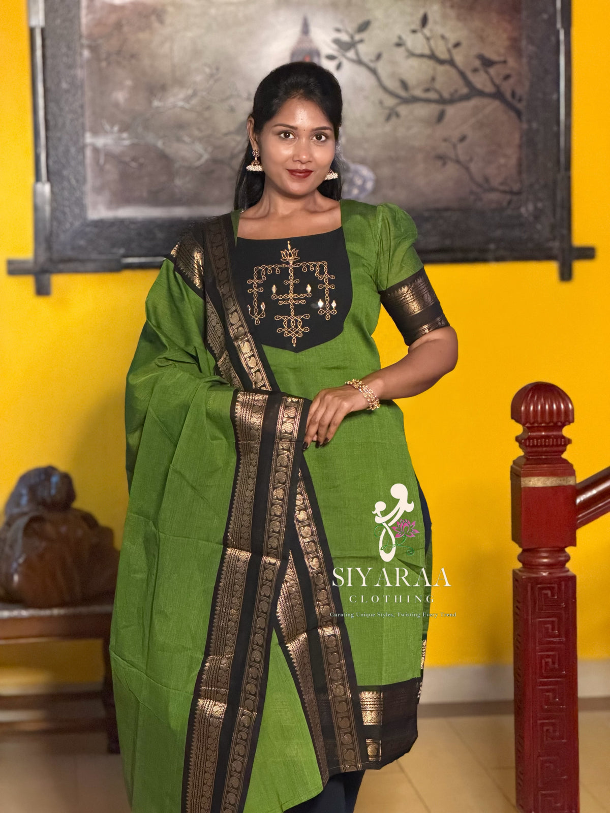 SIYA145 Olive Green | Varnika Chettinad Cotton Kurti with Dupatta (2-Piece)