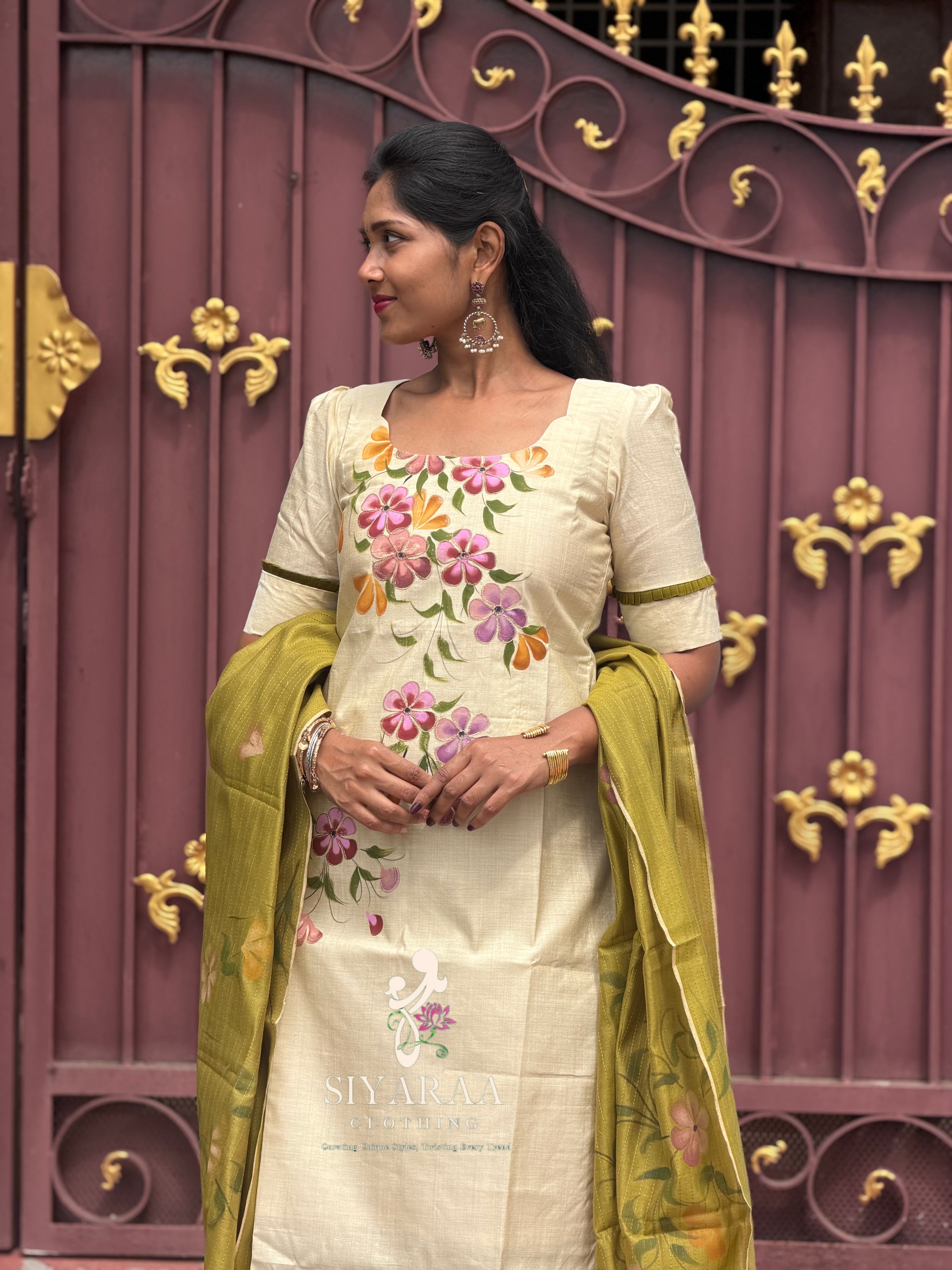 SIYA135 Off White| Varnika Handpainted and Embroidered Tussar Silk Kurta Set(2 Piece)