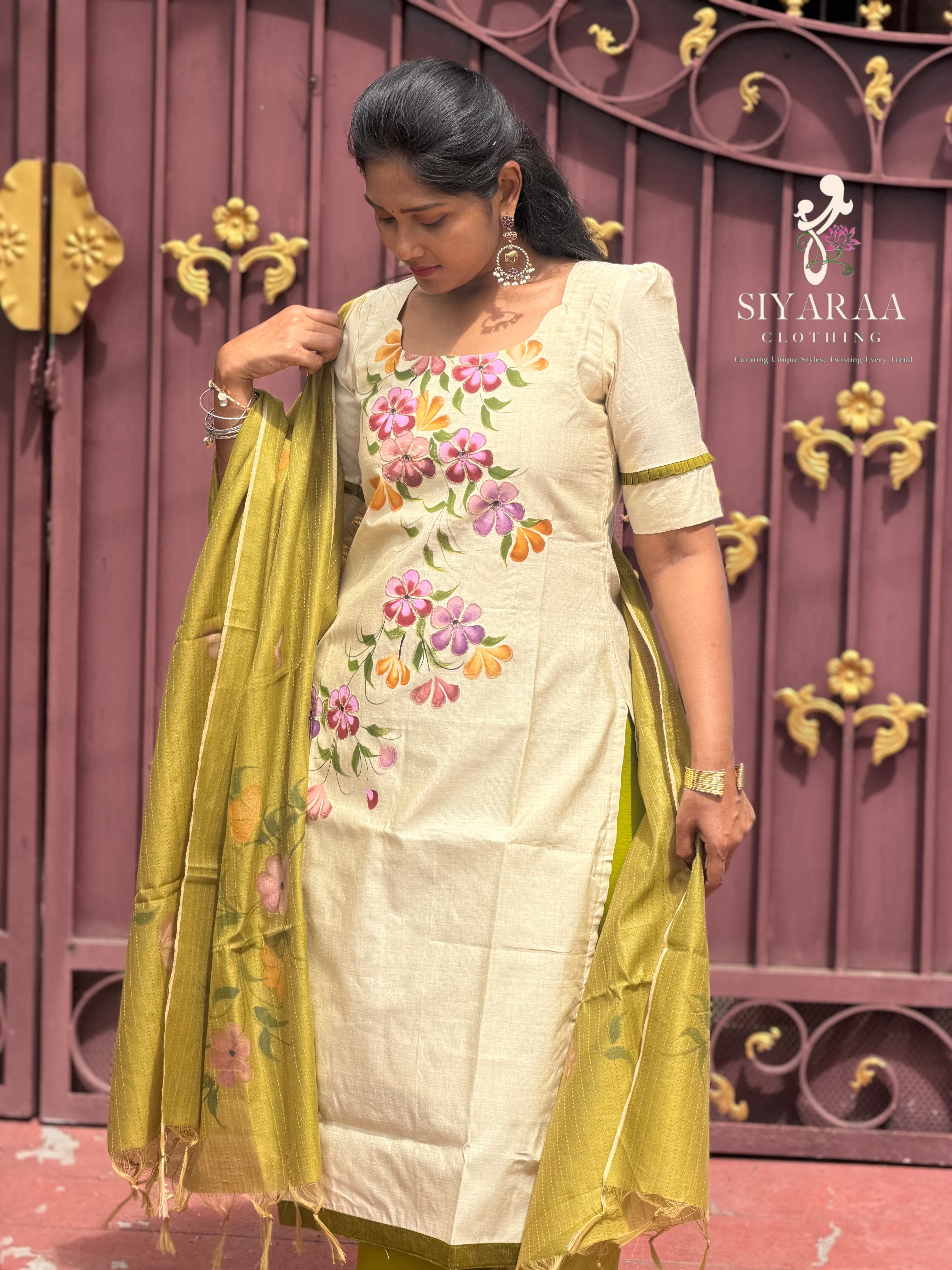 SIYA135 Off White| Varnika Handpainted and Embroidered Tussar Silk Kurta Set(2 Piece)