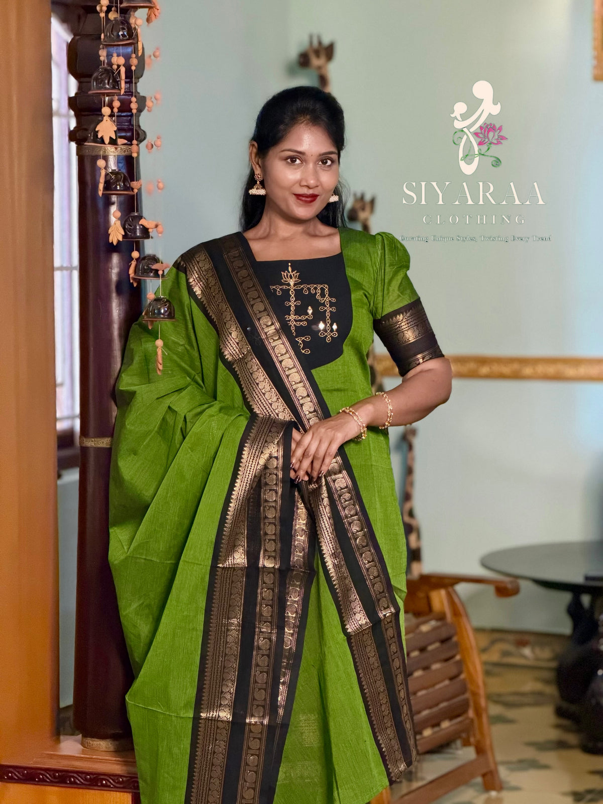 SIYA145 Olive Green | Varnika Chettinad Cotton Kurti with Dupatta (2-Piece)