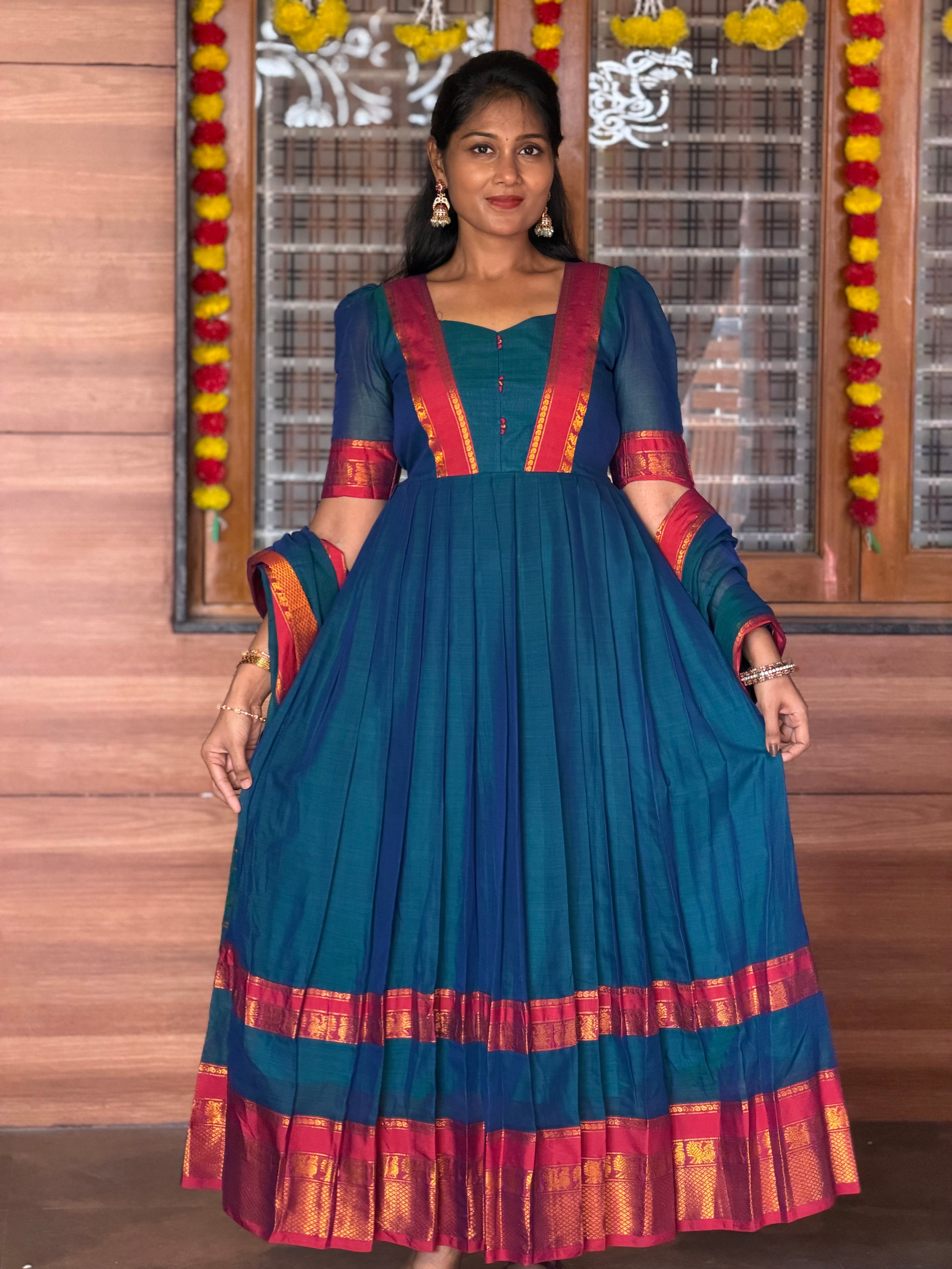 SIYA130 Blue | Ruhika Handloom Cotton Pleated Maxi