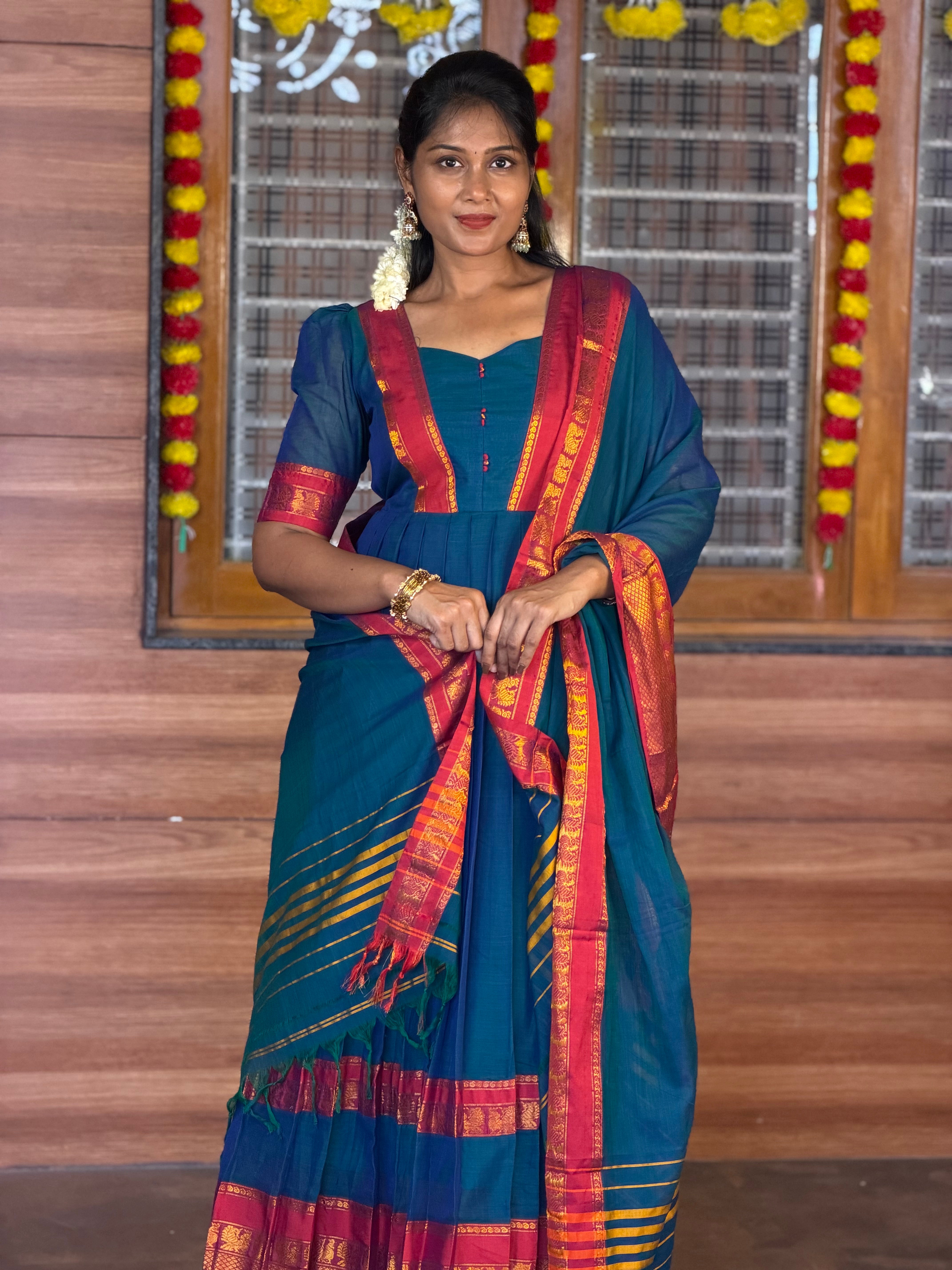 SIYA130 Blue | Ruhika Handloom Cotton Pleated Maxi