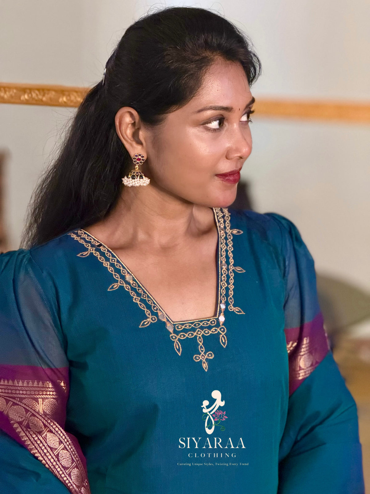 SIYA145 Blue | Varnika Chettinad Cotton Kurti with Dupatta (2-Piece)