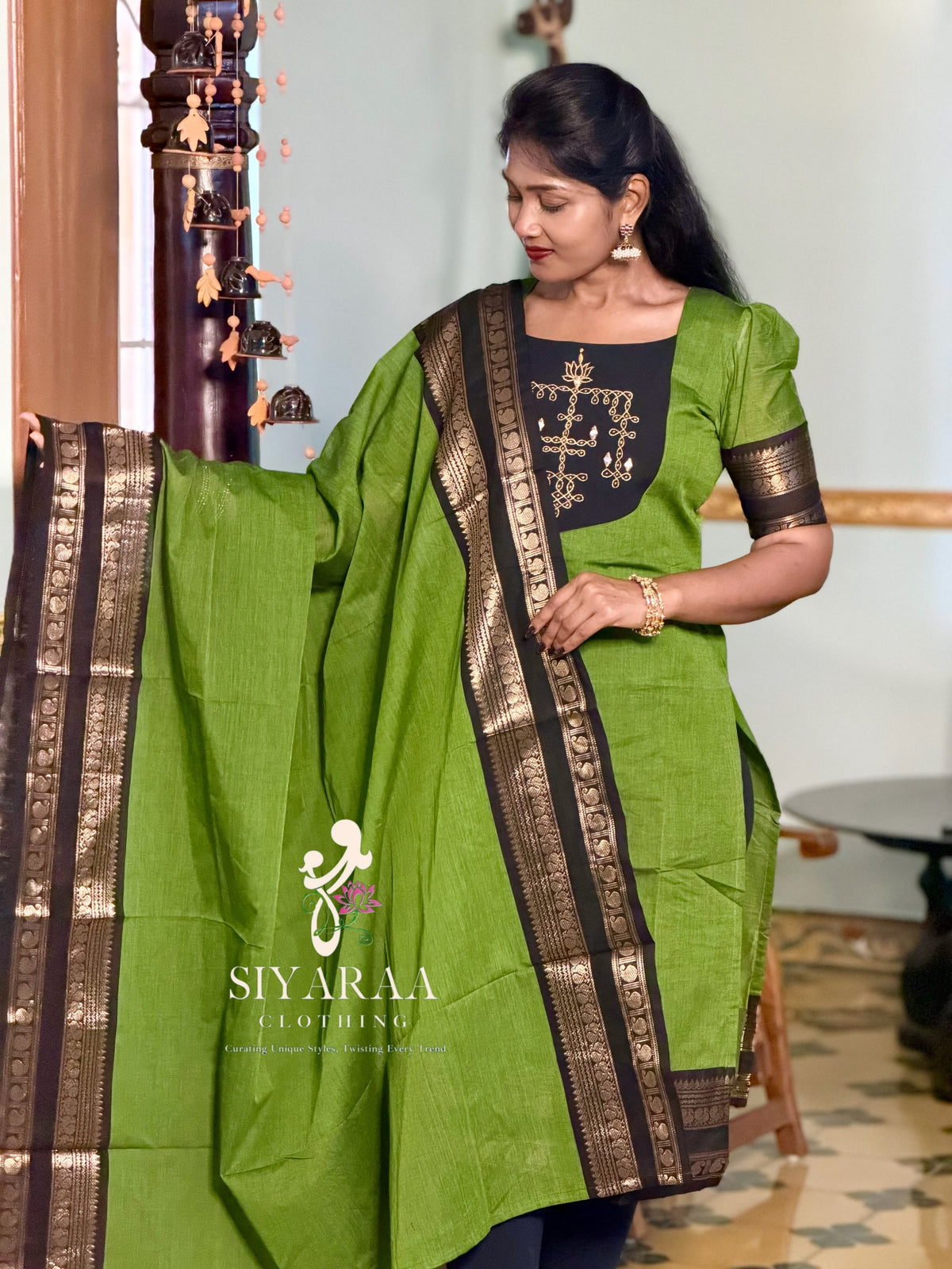 SIYA145 Olive Green | Varnika Chettinad Cotton Kurti with Dupatta (2-Piece)