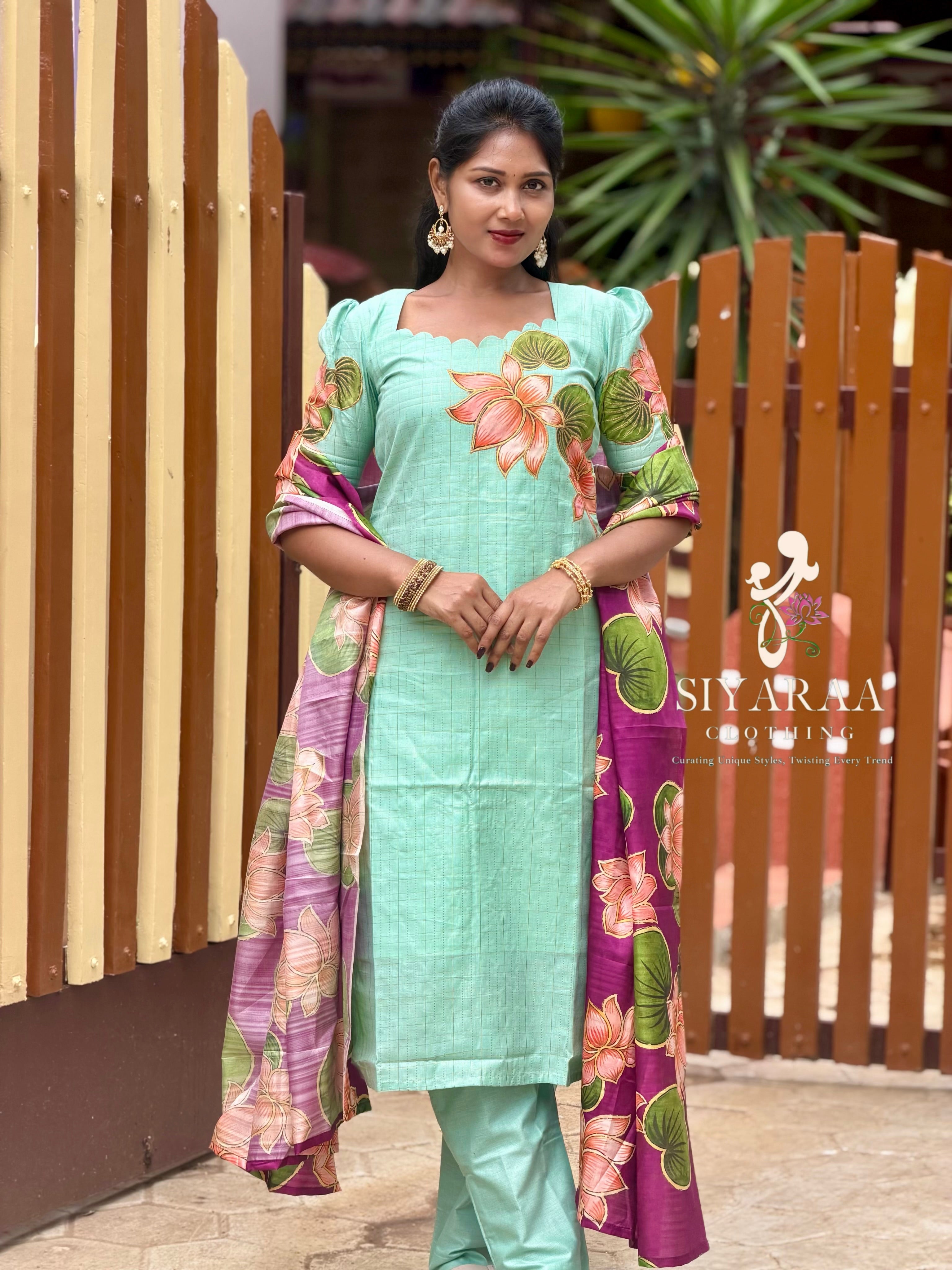 SIYA146 AquaBlue | Riyanshi Raw Silk Kurta Set with aplique embroidery(3-Piece)