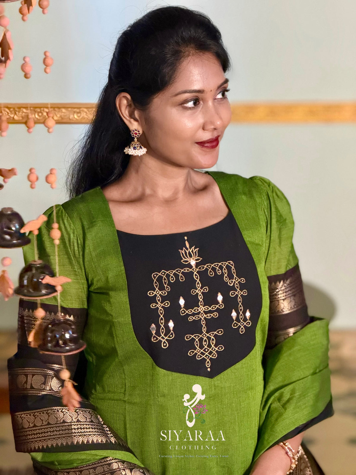 SIYA145 Olive Green | Varnika Chettinad Cotton Kurti with Dupatta (2-Piece)
