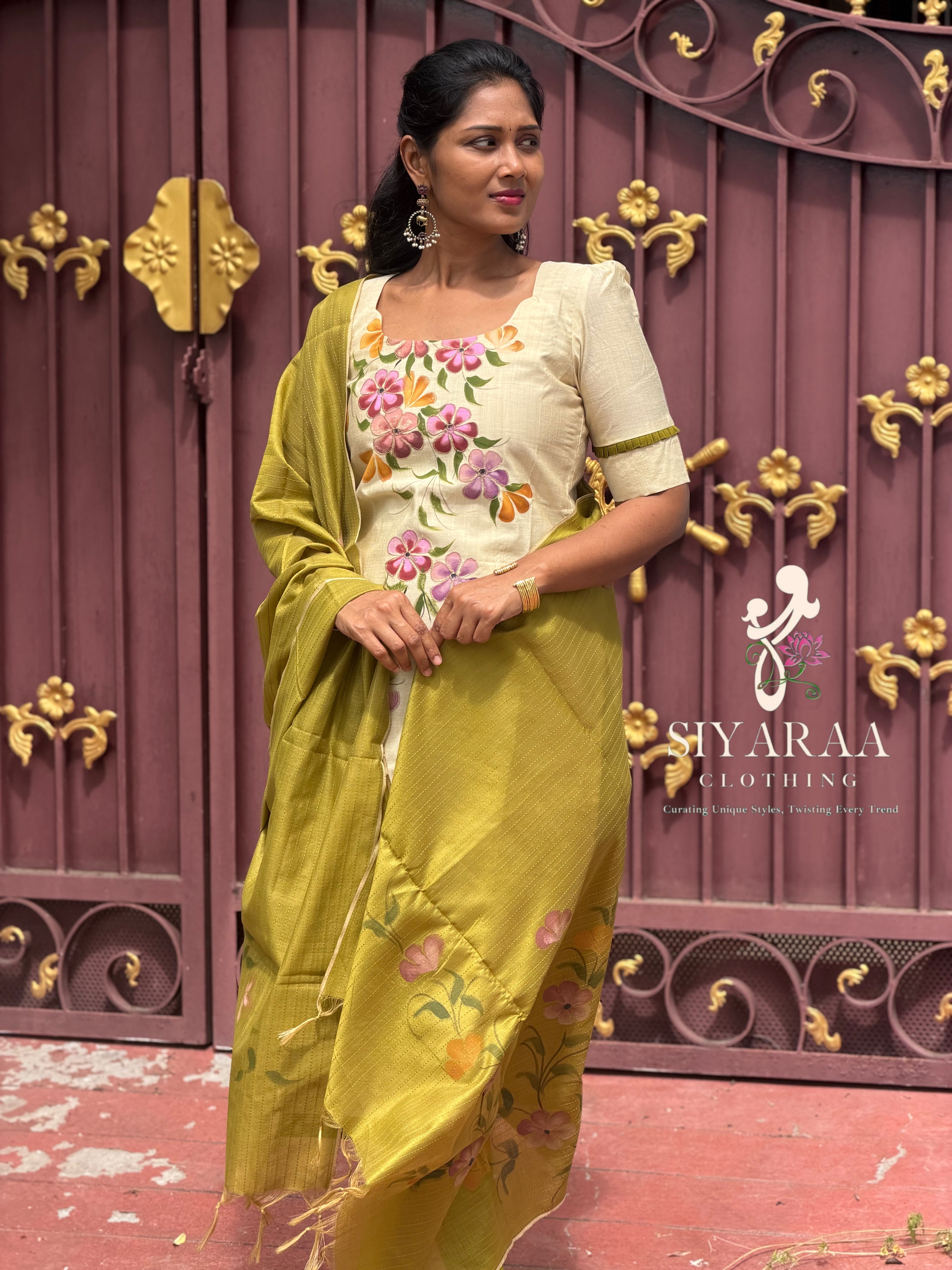 SIYA135 Off White| Varnika Handpainted and Embroidered Tussar Silk Kurta Set(2 Piece)