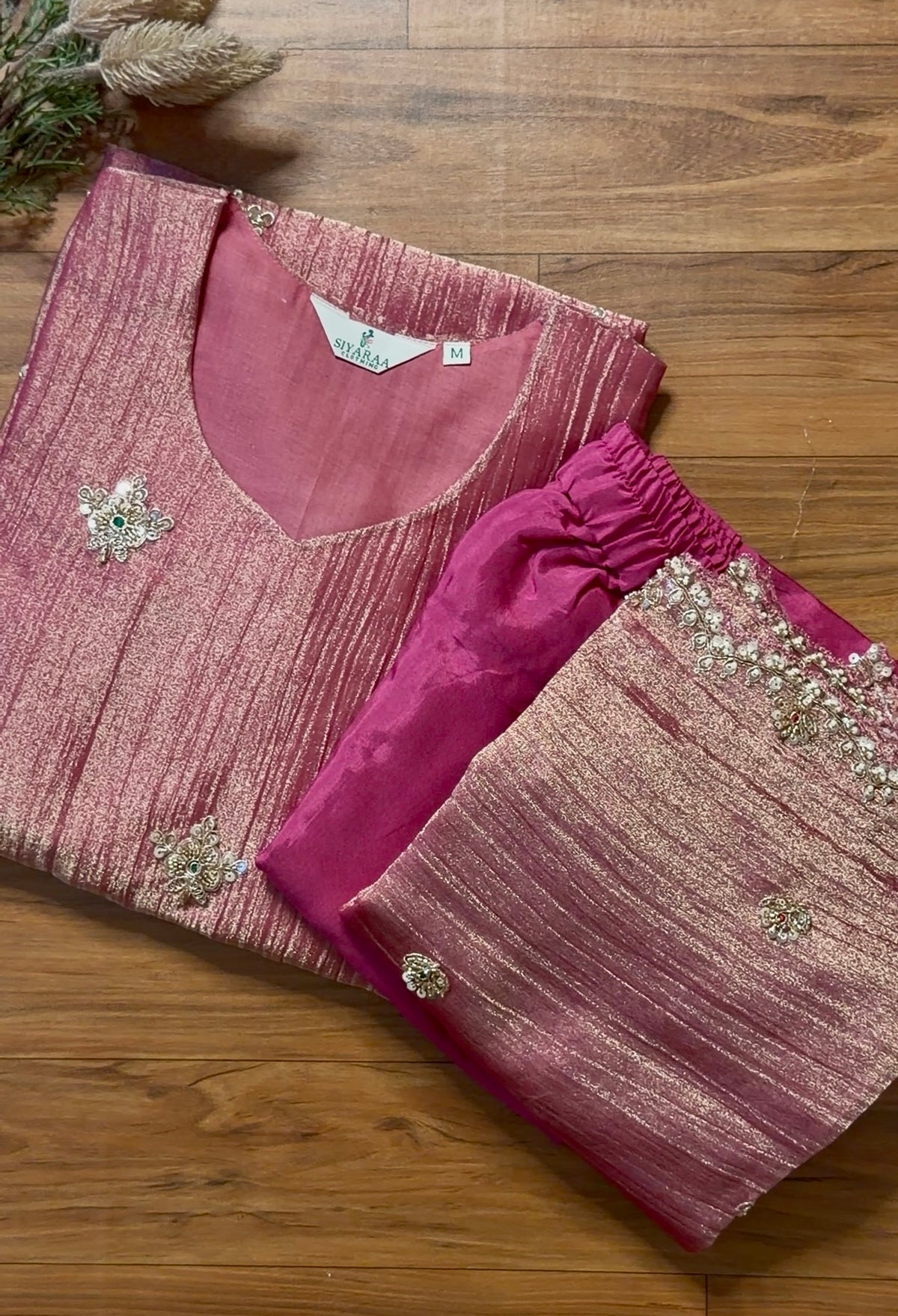 SIYA168 Pink| Mithra Premium Heavy Embroidered Tissue kurta set (3 Piece)