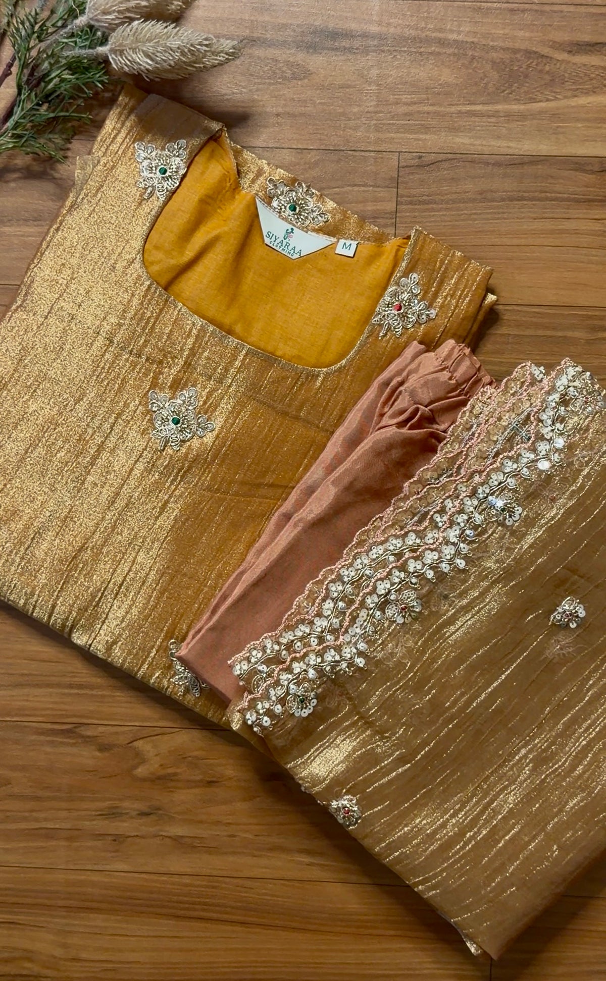 SIYA168 Golden| Mithra Premium Heavy Embroidered Tissue kurta set (3 Piece)