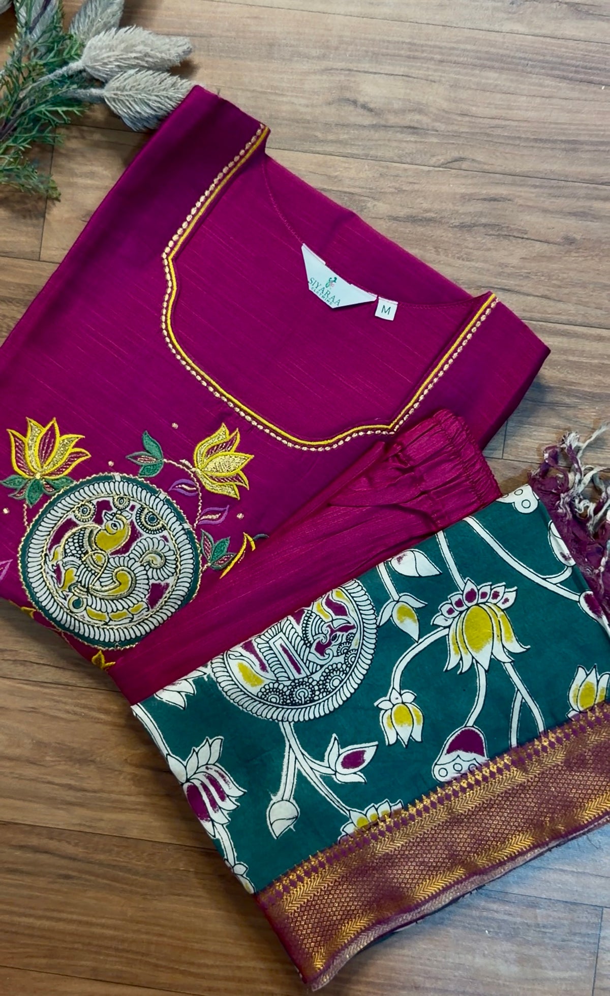 SIYA160 Rani Pink| Aarna Raw Silk Kurta Set with aplique embroidery(3-Piece)