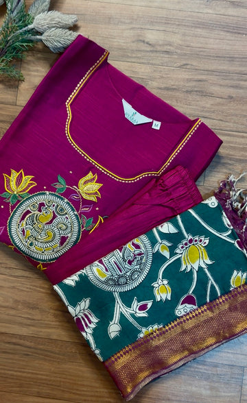 SIYA160 Rani Pink| Aarna Raw Silk Kurta Set with aplique embroidery(3-Piece)