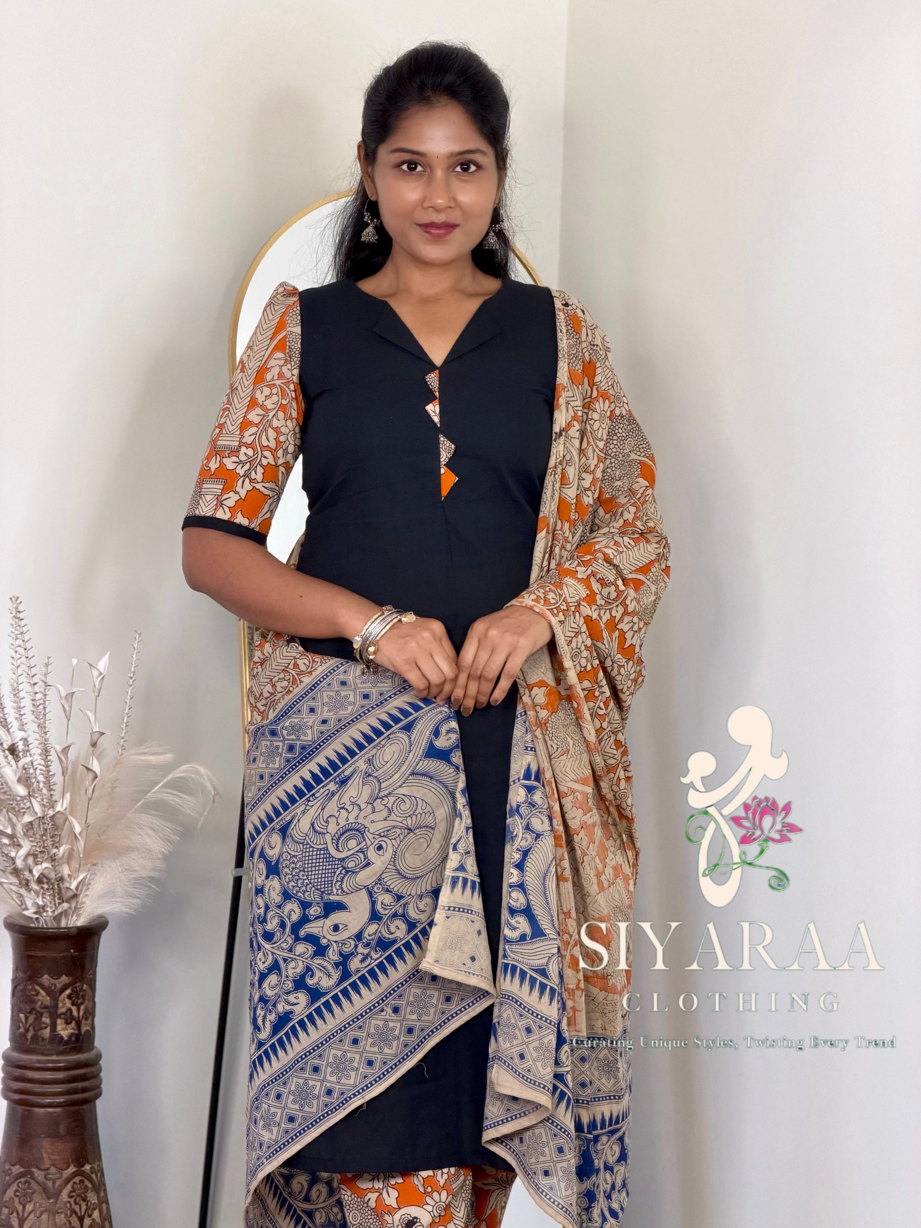 SIYA133 Black| Ruhani Screenprinted Kalamkari cotton Kurta set (3-Piece)