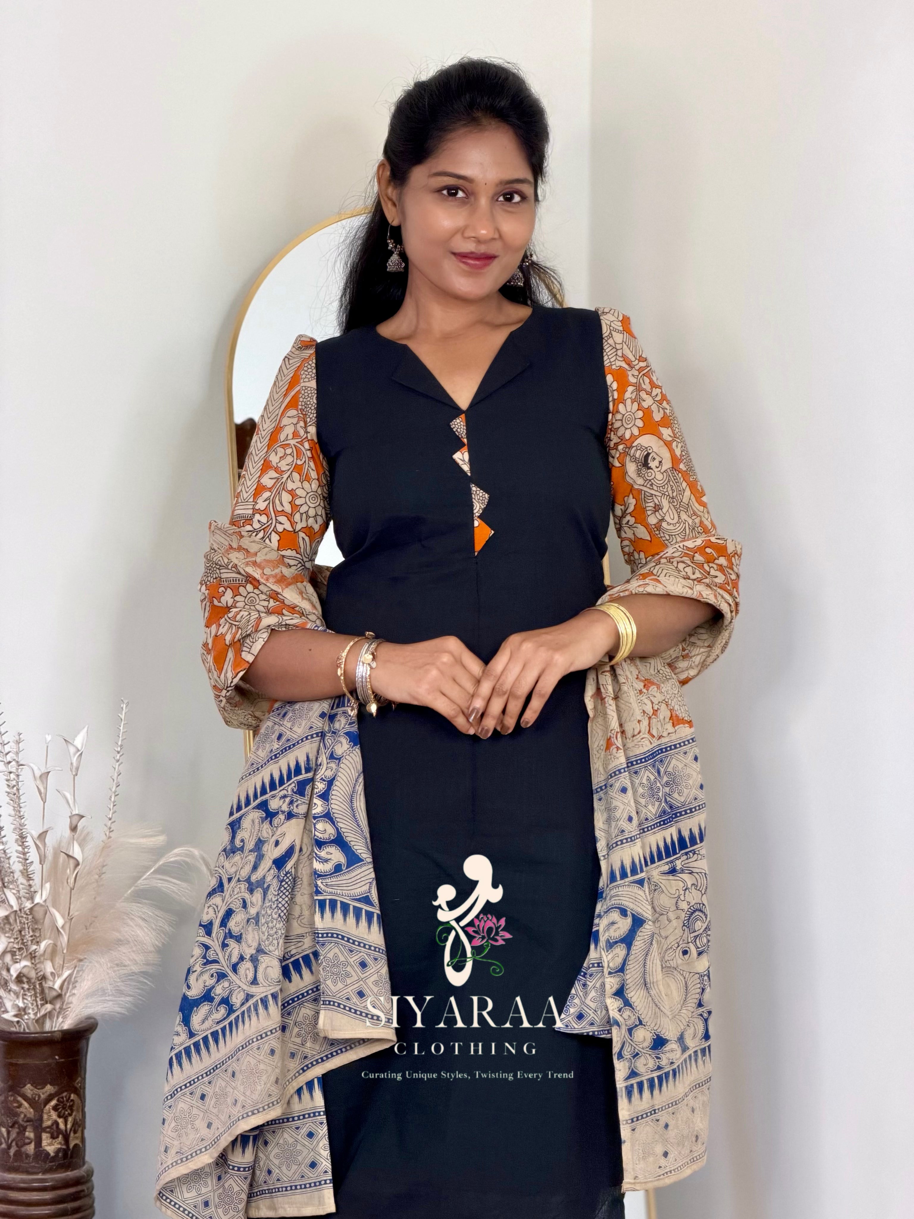 SIYA133 Black| Ruhani Screenprinted Kalamkari cotton Kurta set (3-Piece)