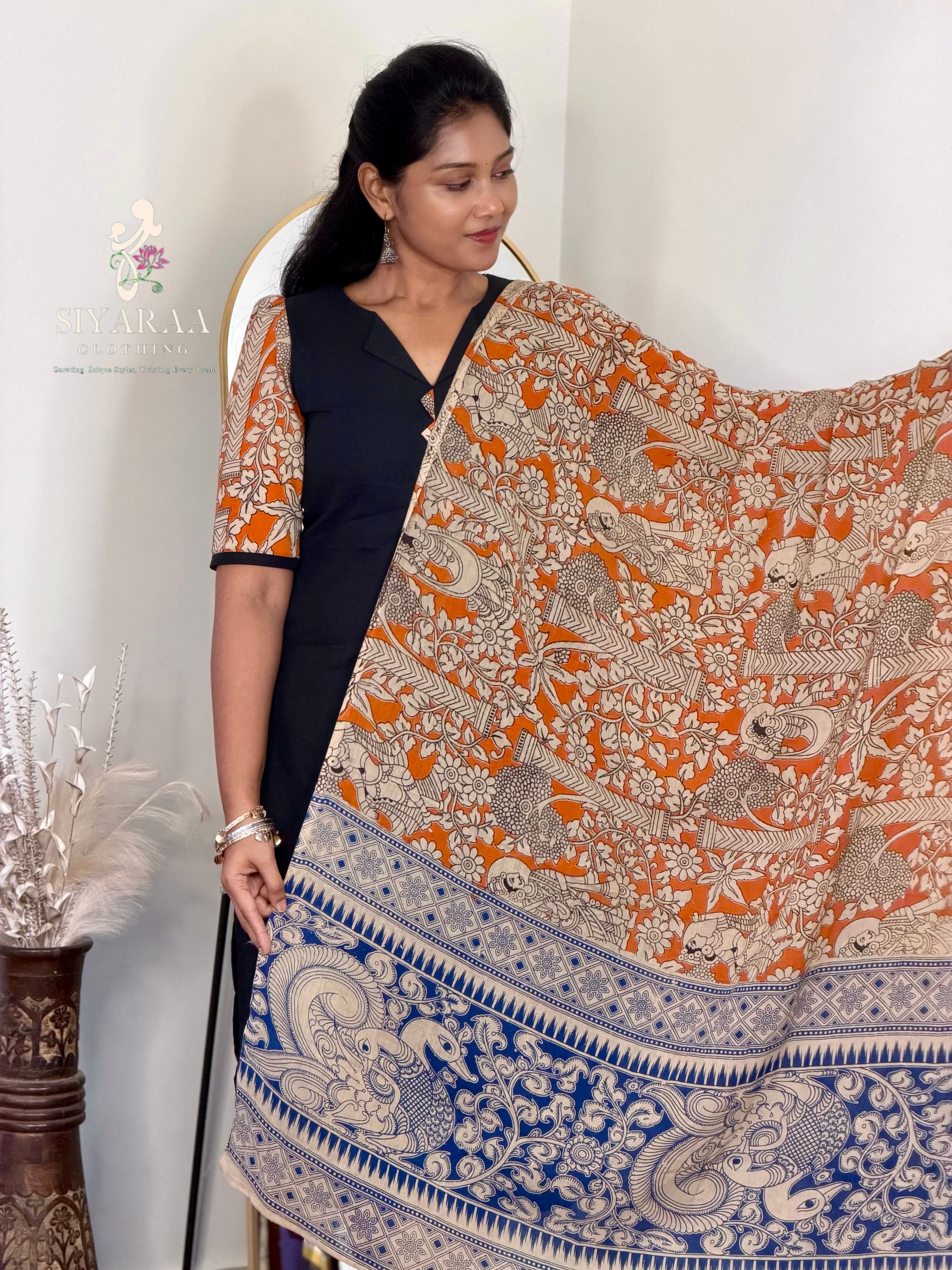 SIYA133 Black| Ruhani Screenprinted Kalamkari cotton Kurta set (3-Piece)