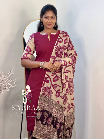 SIYA133 Wine| Ruhani Screenprinted Kalamkari cotton Kurta set (3-Piece)