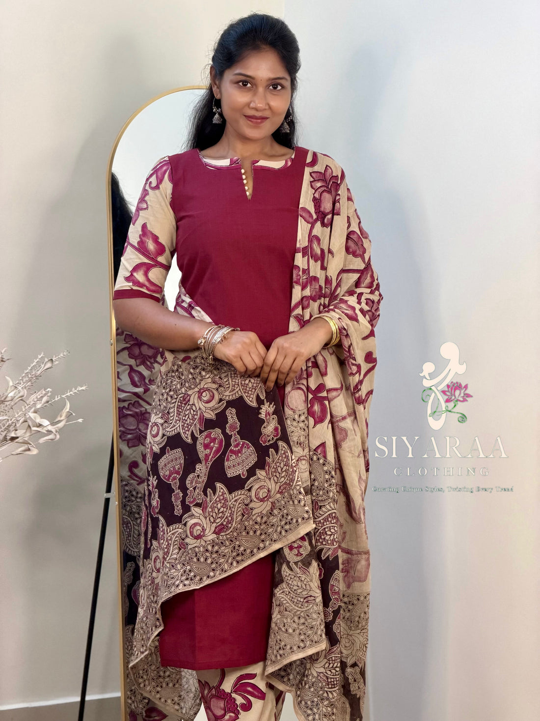 SIYA133 Wine| Ruhani Screenprinted Kalamkari cotton Kurta set (3-Piece)