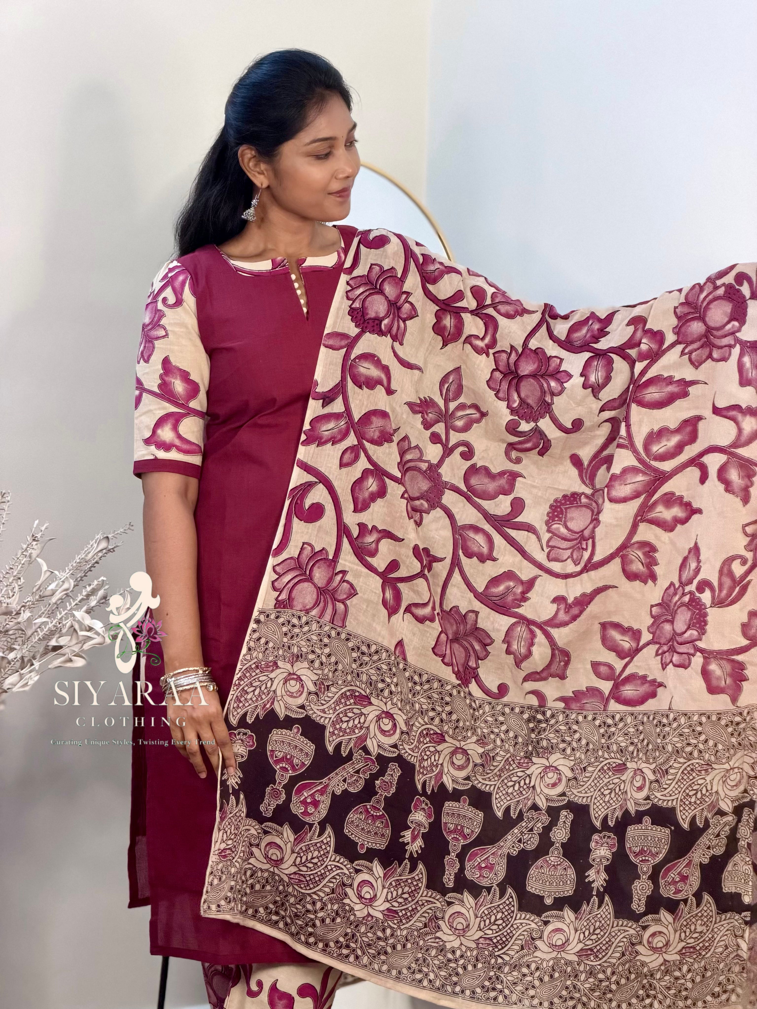 SIYA133 Wine| Ruhani Screenprinted Kalamkari cotton Kurta set (3-Piece)