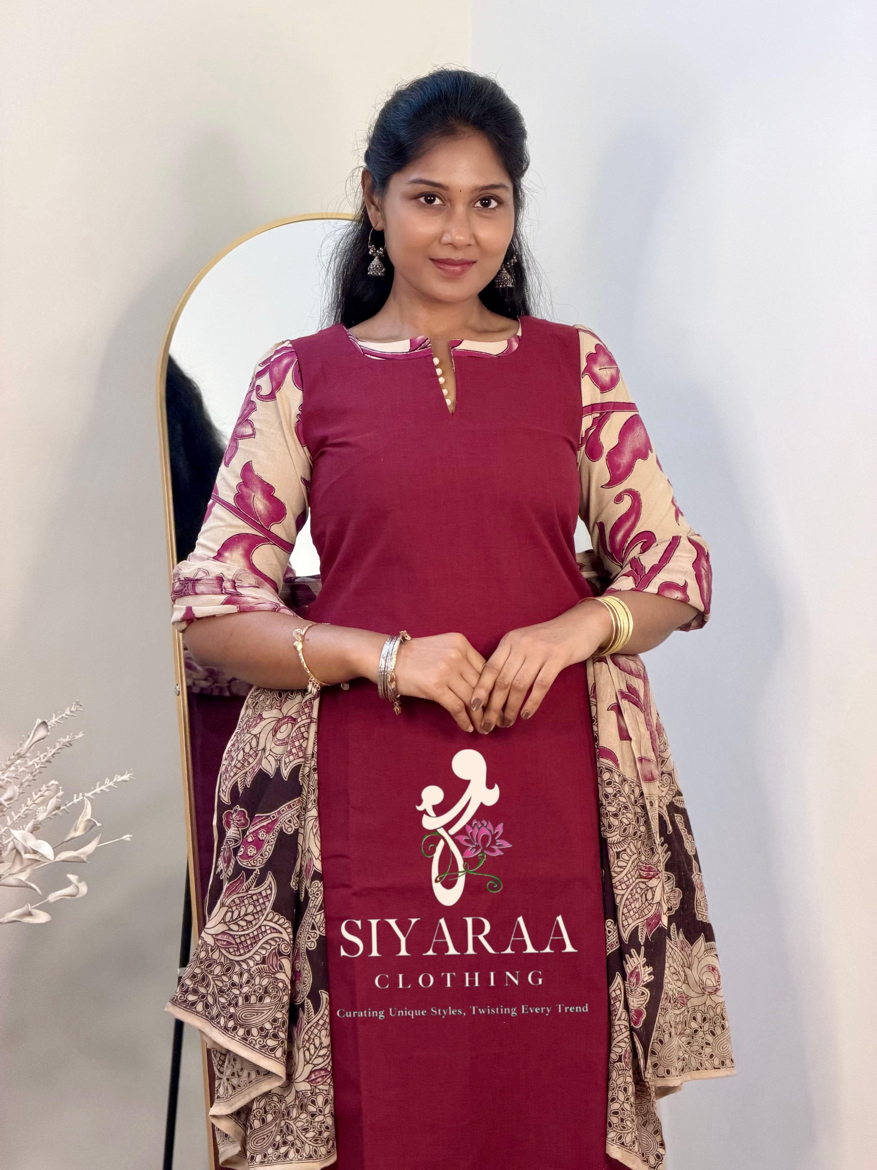 SIYA133 Wine| Ruhani Screenprinted Kalamkari cotton Kurta set (3-Piece)