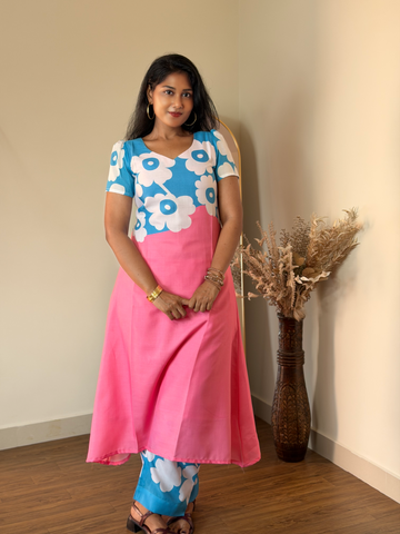 SIYA115 Blue & Pink Floral| Anera A-Line Cotton Co-Ord Set (Top & Pant)