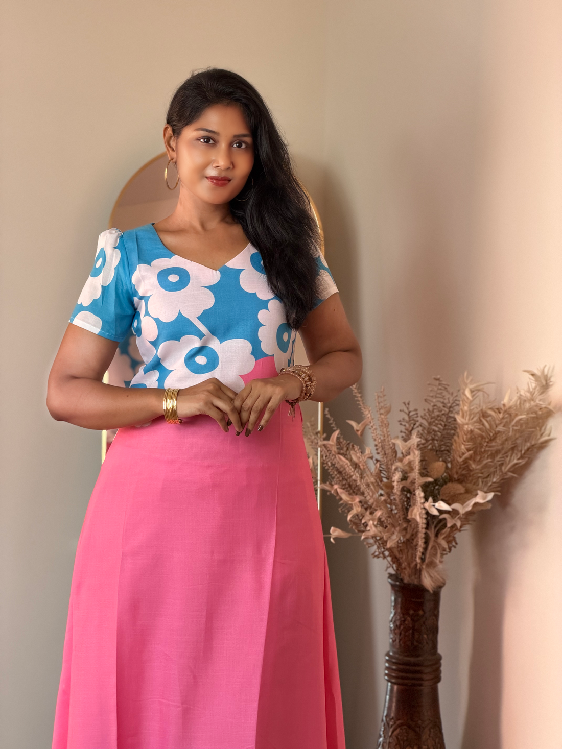 SIYA115 Blue & Pink Floral| Anera A-Line Cotton Co-Ord Set (Top & Pant)