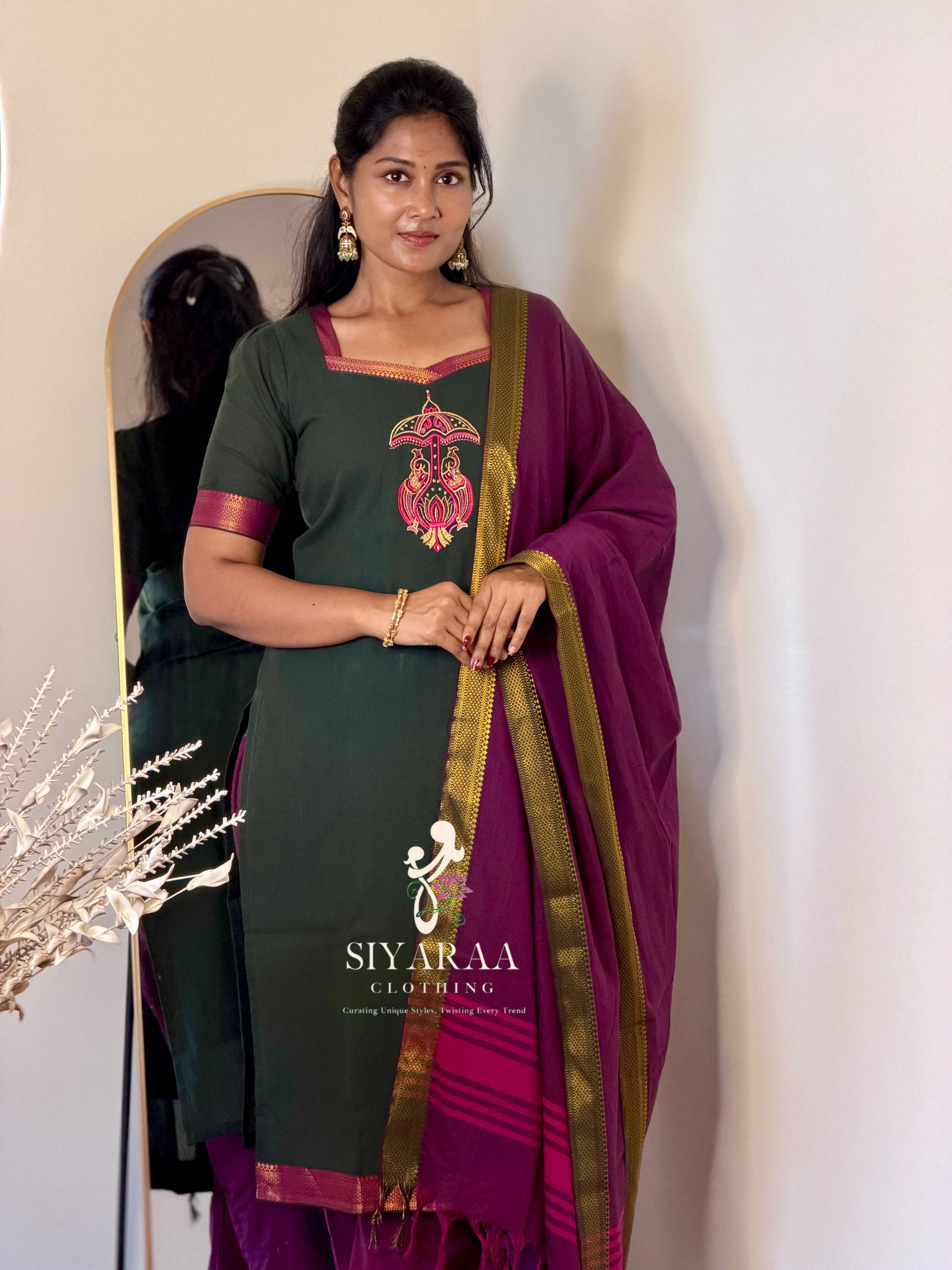 SIYA142 Green | Ishira Mangalagiri Cotton Kurta Set (3-Piece)
