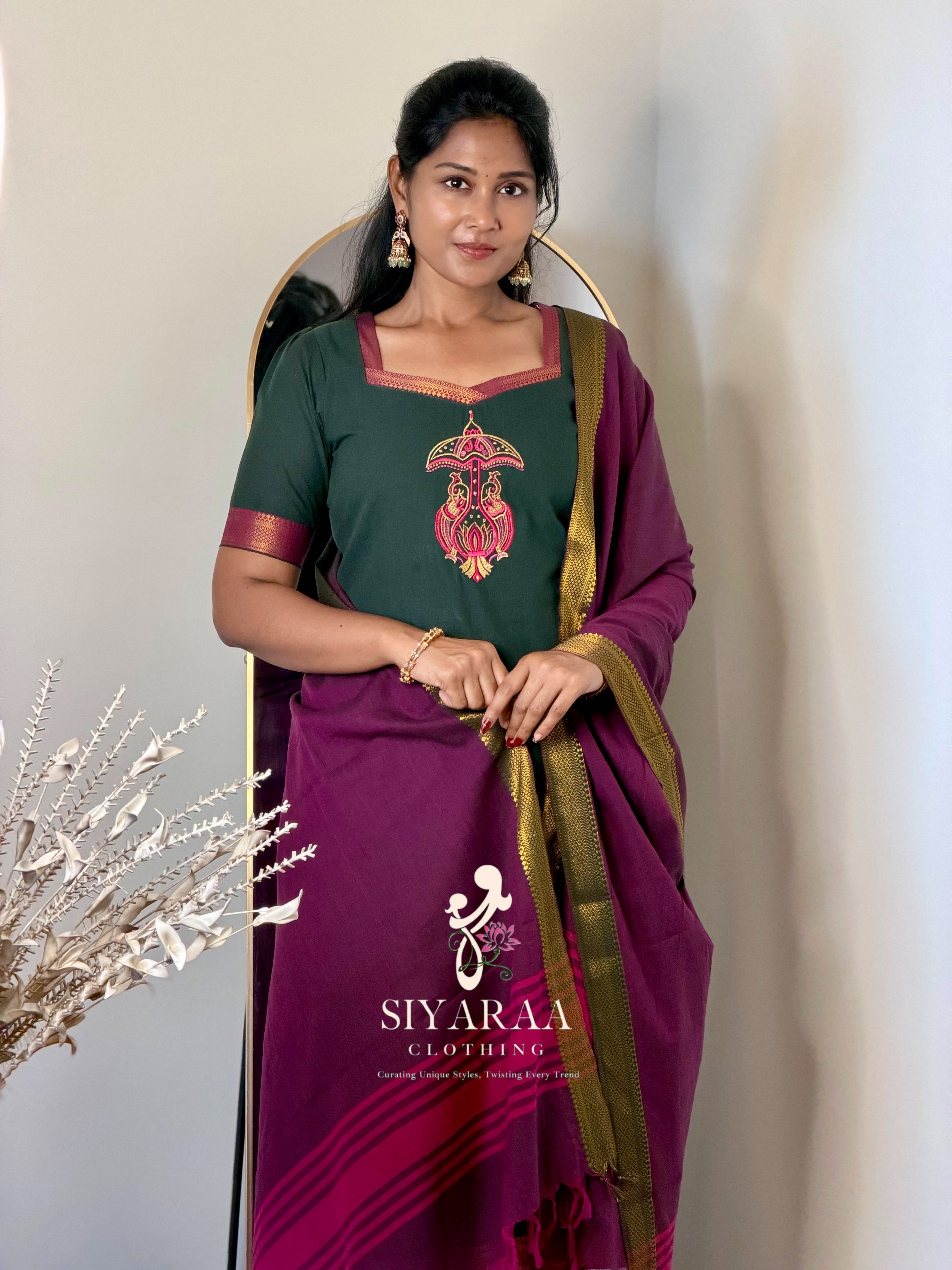 SIYA142 Green | Ishira Mangalagiri Cotton Kurta Set (3-Piece)