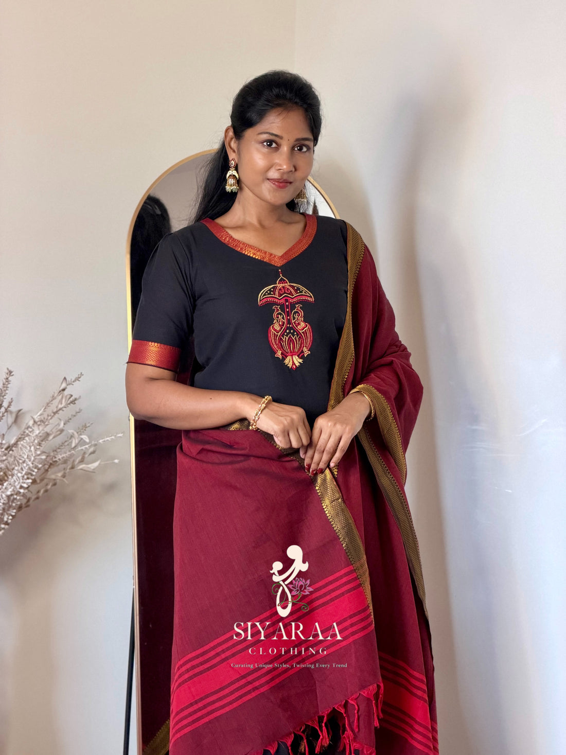 SIYA142 Black | Ishira Mangalagiri Cotton Kurta Set (3-Piece)