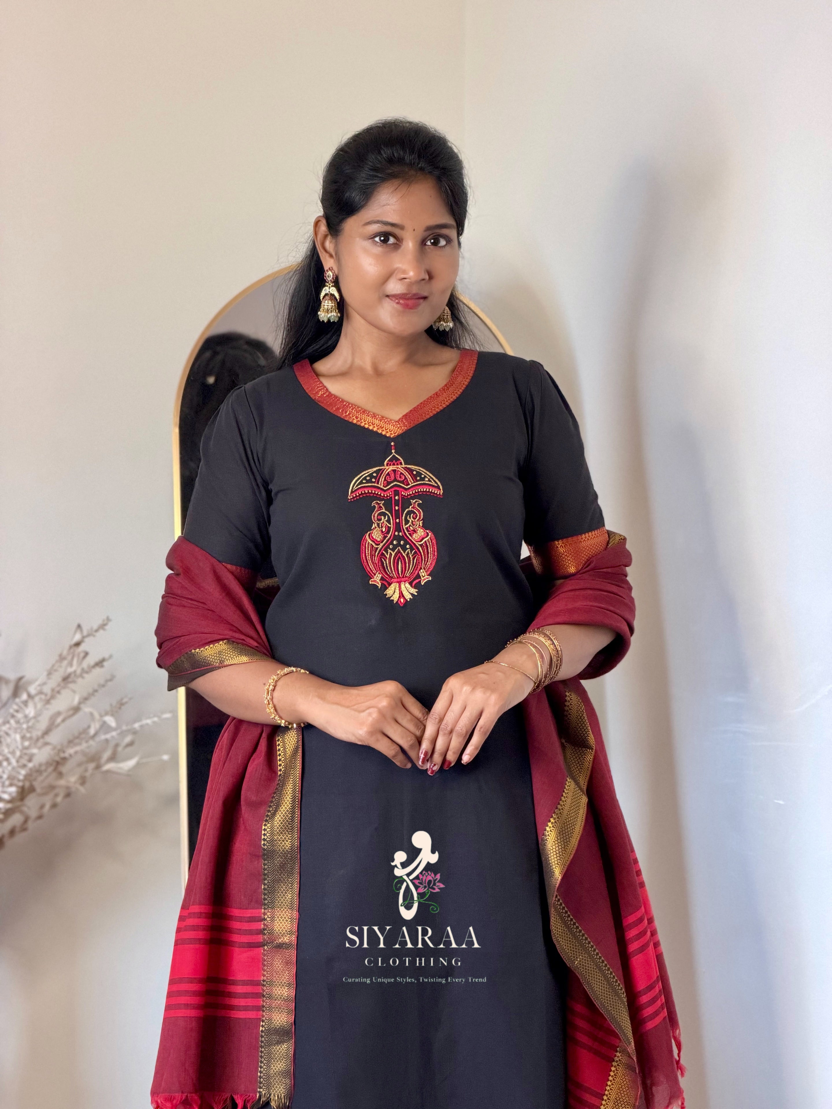 SIYA142 Black | Ishira Mangalagiri Cotton Kurta Set (3-Piece)