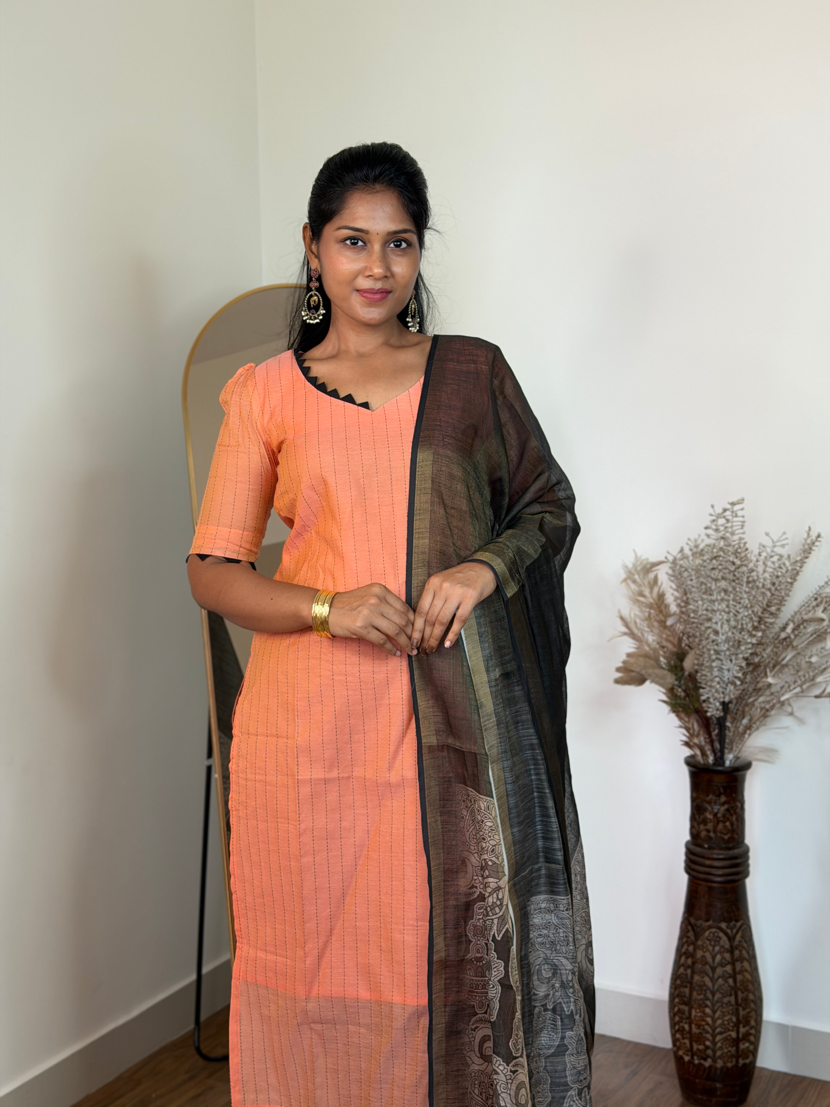 SIYA119 Peach| Chanderi Top with Printed Dupatta (2-Piece)