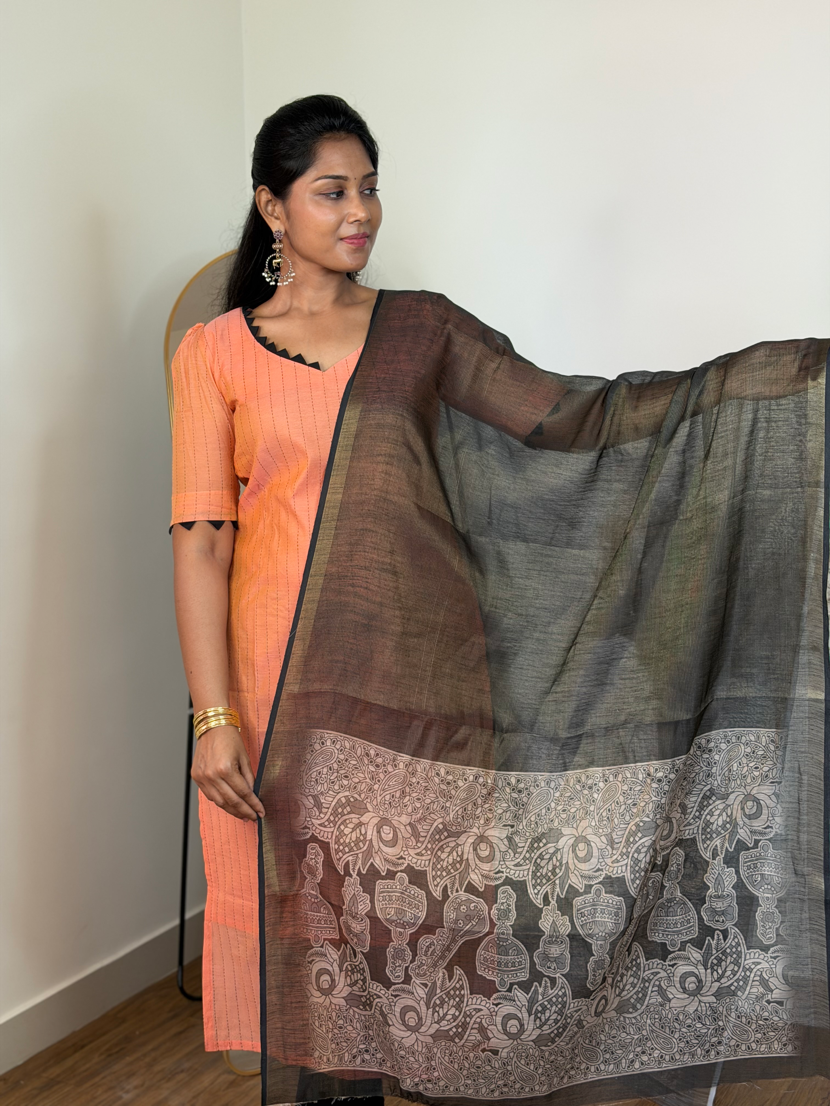 SIYA119 Peach| Chanderi Top with Printed Dupatta (2-Piece)