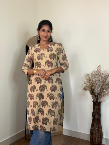 SIYA120 Beige| Screen Printed Kalamkari Cotton Top