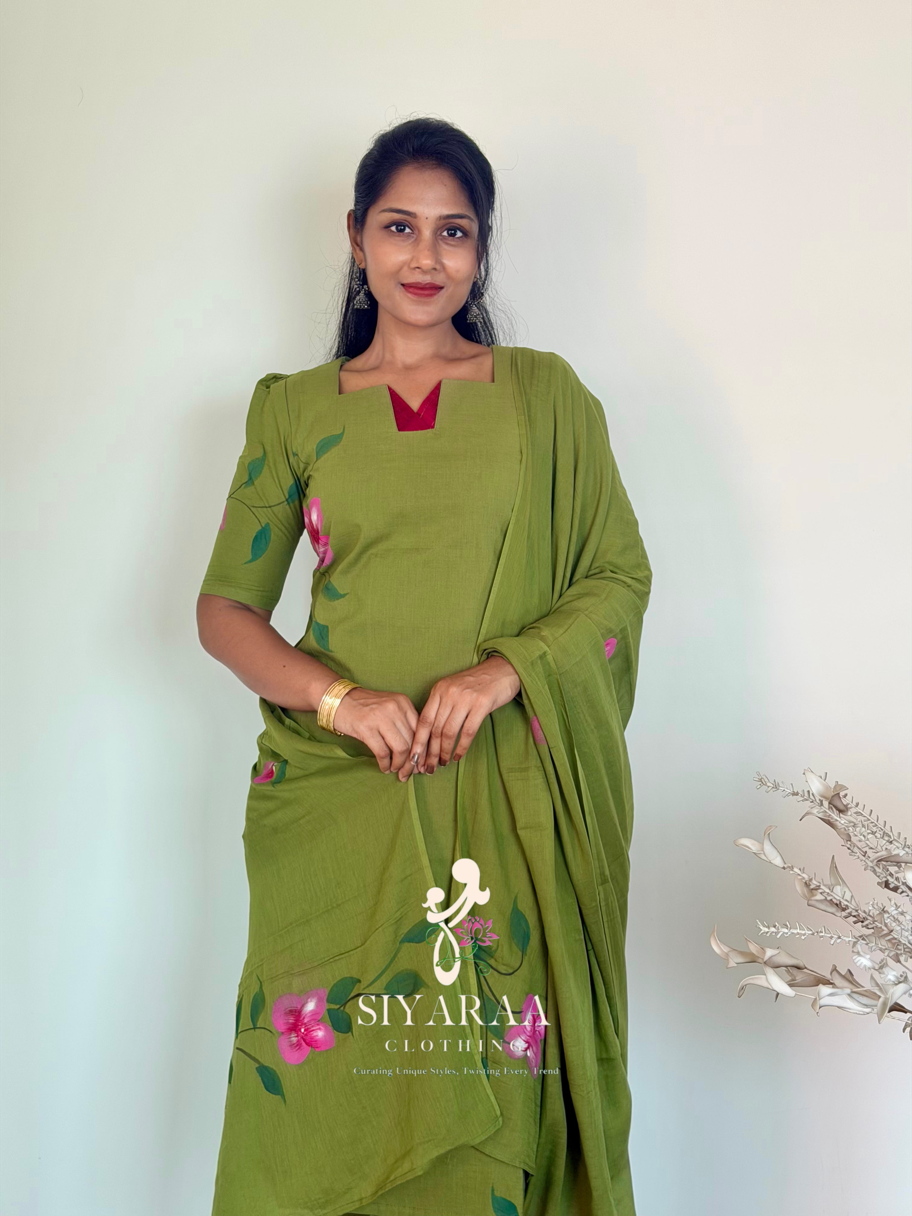 SIYA124 OliveGreen| Jaipur Cotton 3-Piece Kurta Set