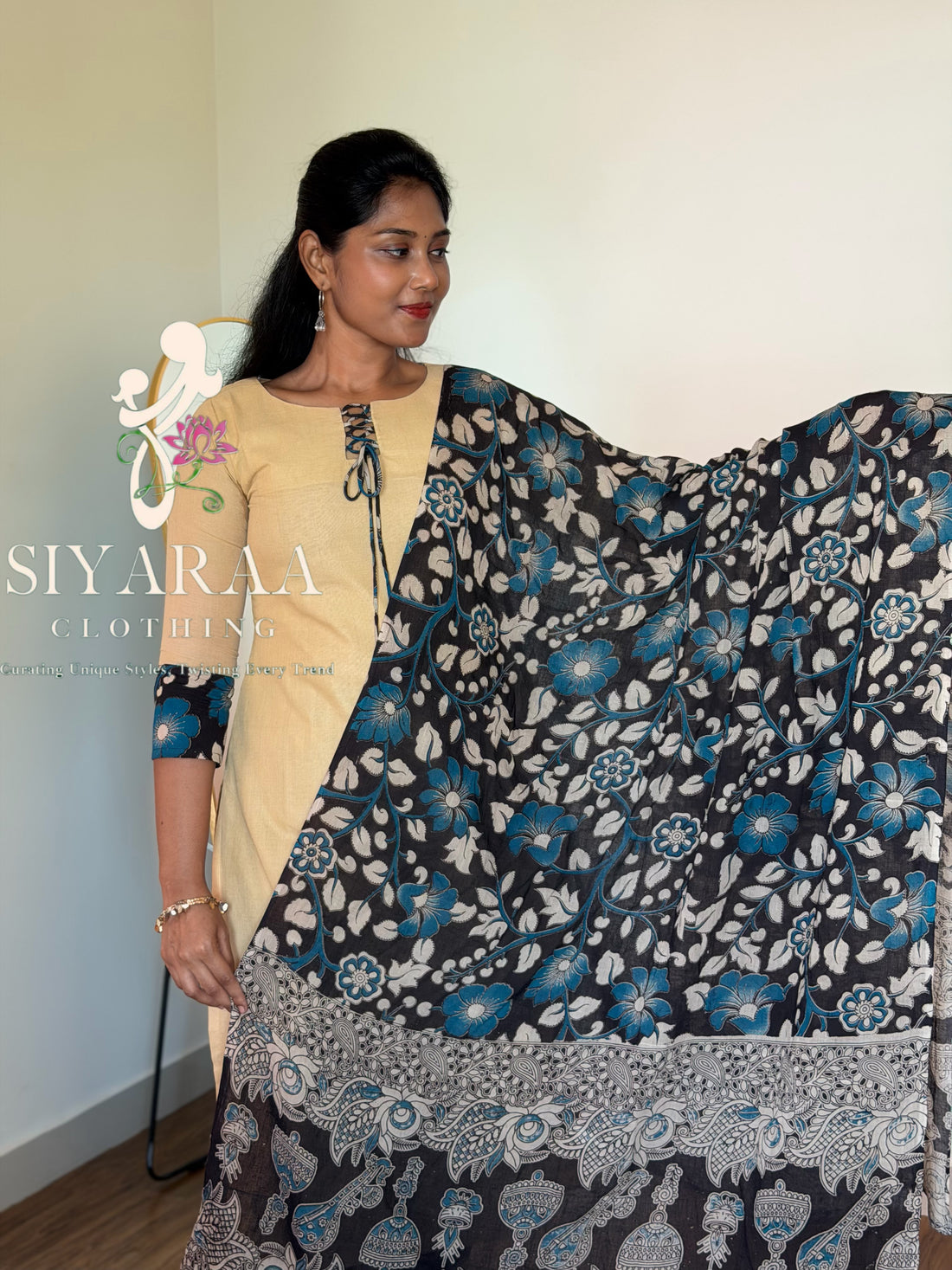SIYA125 Beige | Ruhani Screenprinted Kalamkari cotton Kurta set (3-Piece)