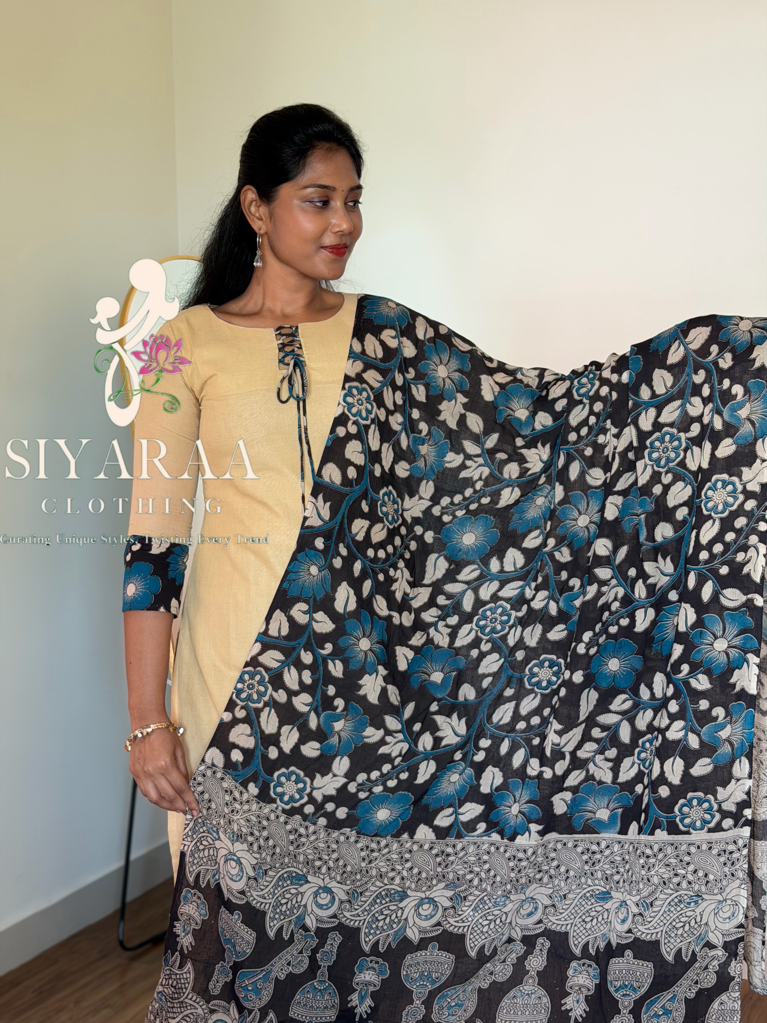 SIYA125 Beige | Ruhani Screenprinted Kalamkari cotton Kurta set (3-Piece)