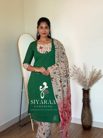 SIYA125 Green | Ruhani Screen printed Kalamkari cotton Kurta set (3-Piece)