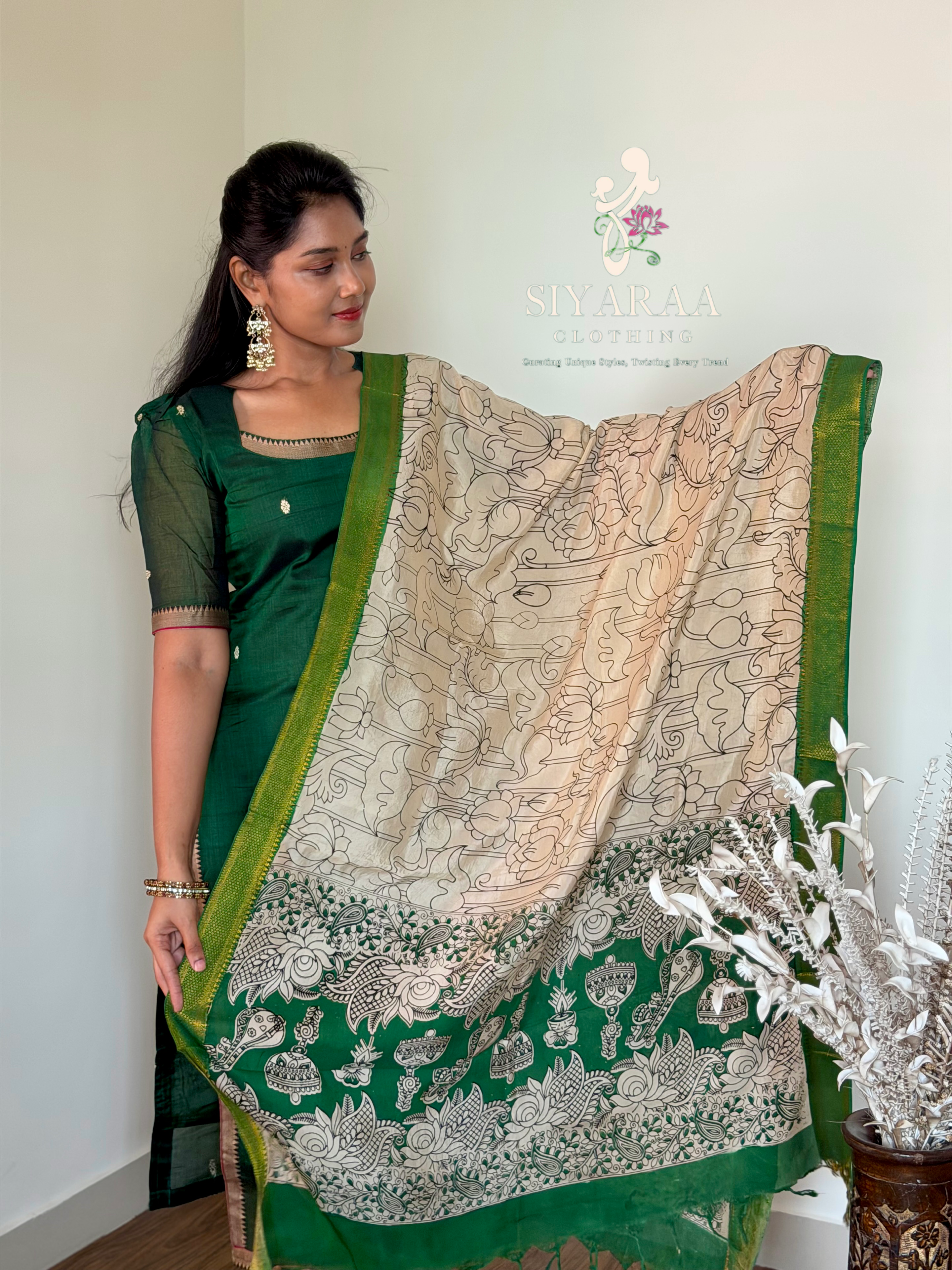 SIYA127 GREEN| Varnika Narayanpet Top with Kalamkari Dupatta (2-Piece)
