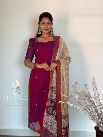 SIYA127 WINE| Varnika Narayanpet Top with Kalamkari Dupatta (2-Piece)