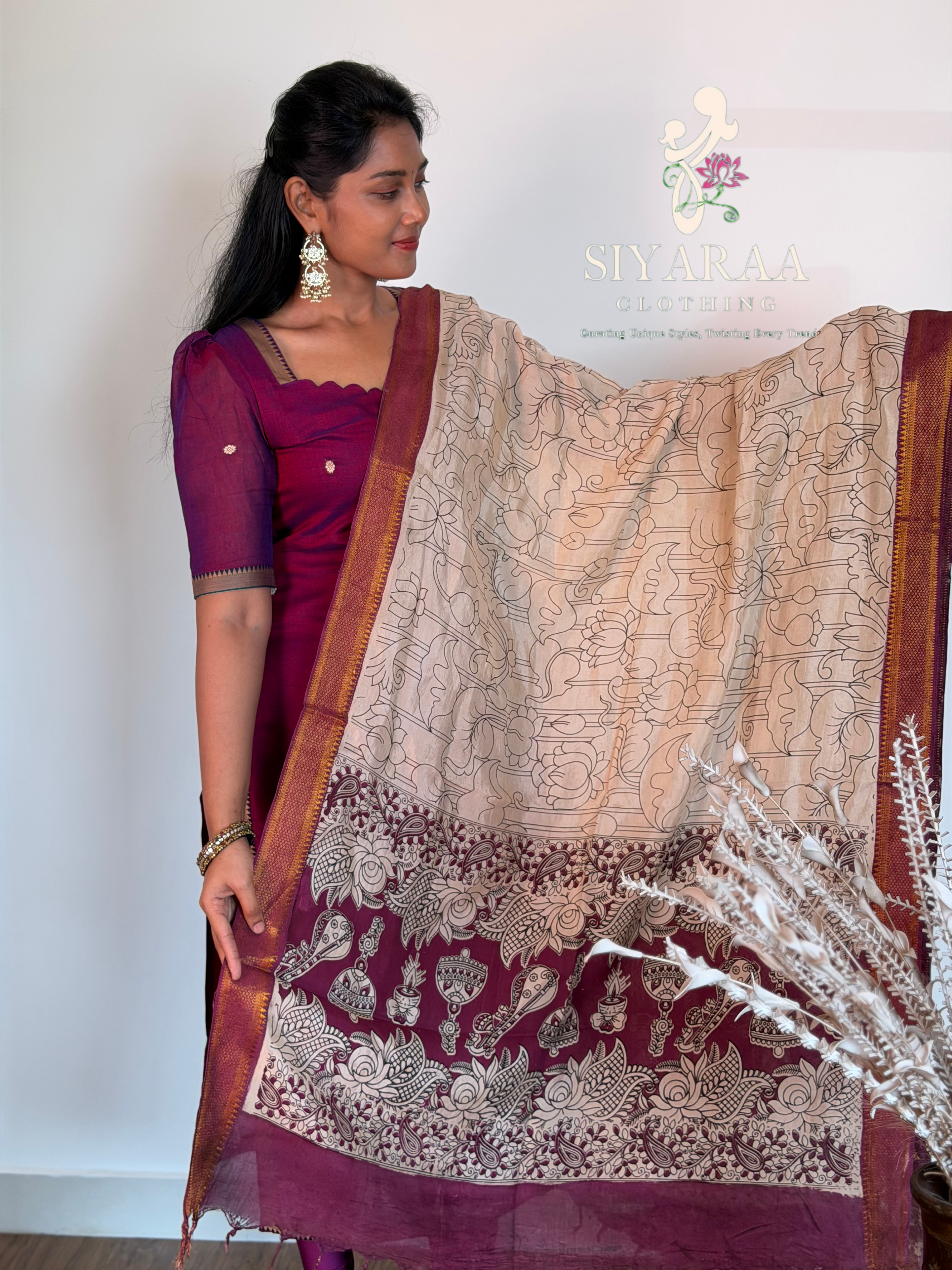 SIYA127 WINE| Varnika Narayanpet Top with Kalamkari Dupatta (2-Piece)